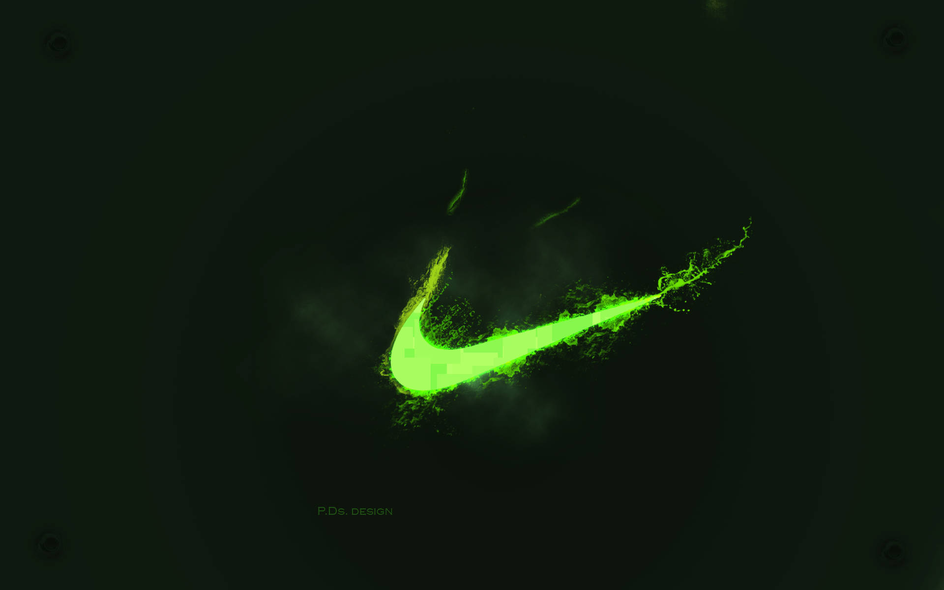 酷炫耐吉 桌布 壁紙 — 發光的霓虹綠色Nike勾勾在深色圓形背景上爆發出粒子效果。