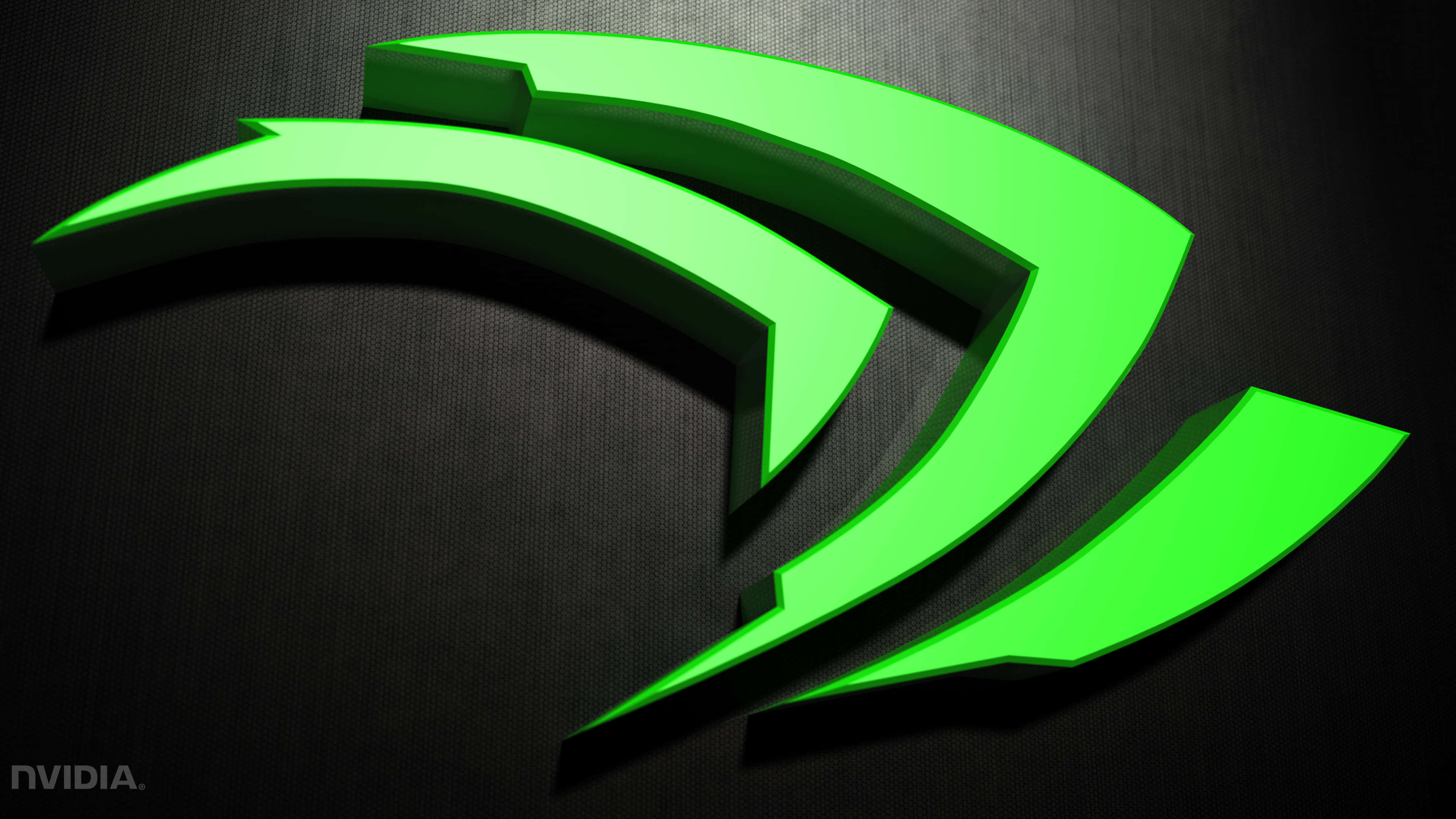 nvidia 桌布 壁紙 — 發光的霓虹綠色NVIDIA標誌，帶有銳利的3D邊緣，在深色紋理背景上脫穎而出。