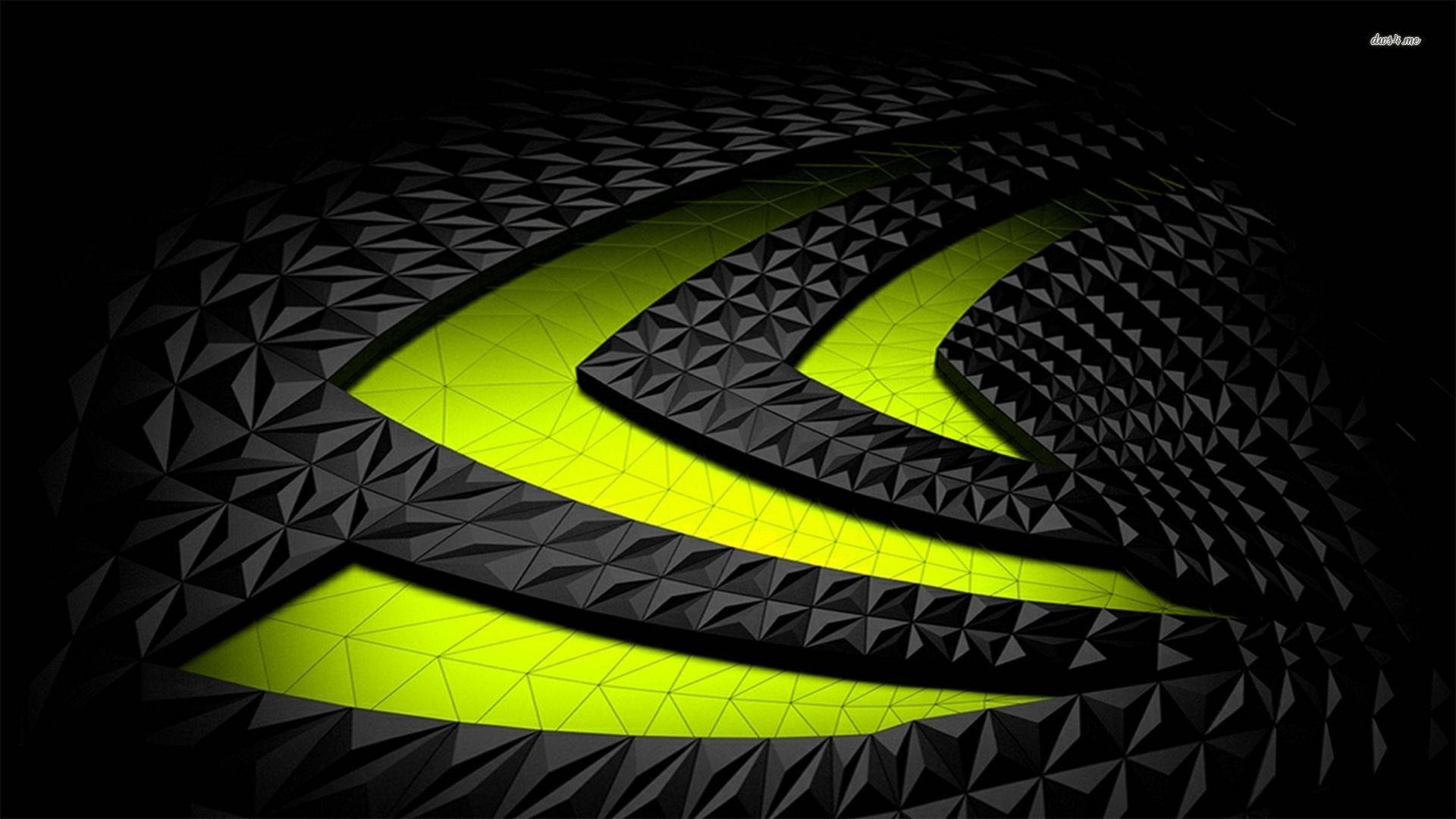 nvidia 桌布 壁紙 — 發光的霓虹綠色NVIDIA標誌從黑暗的幾何三角形圖案中浮現，帶有銳利的角狀高光。