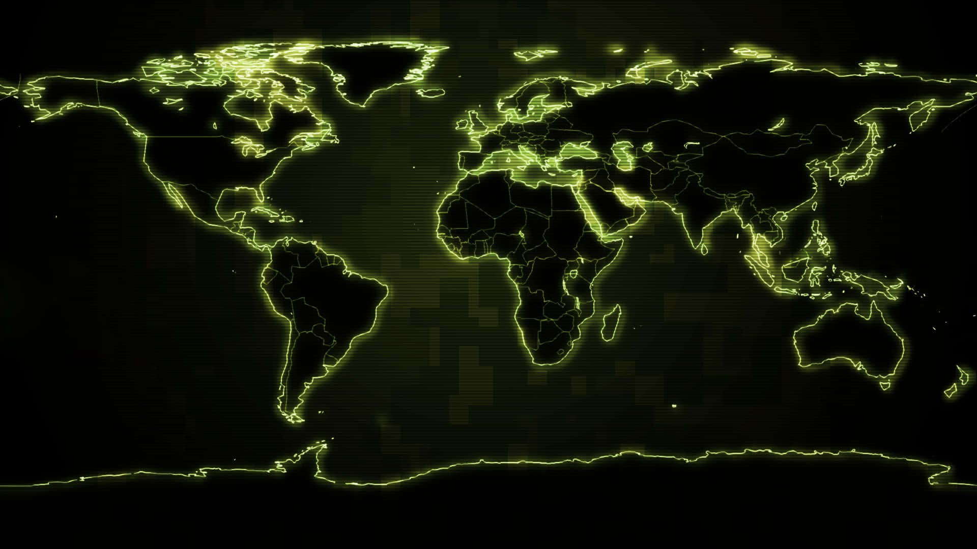 World 桌布 壁紙 — 發光的霓虹綠色世界地圖，在黑暗的數位背景上顯示著照亮的大陸。