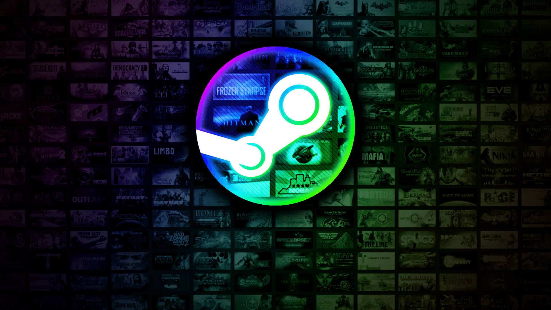 生病 桌布 壁紙 — 發光的霓虹綠色和藍色 Steam 標誌在黑暗的遊戲縮圖牆上脈動。