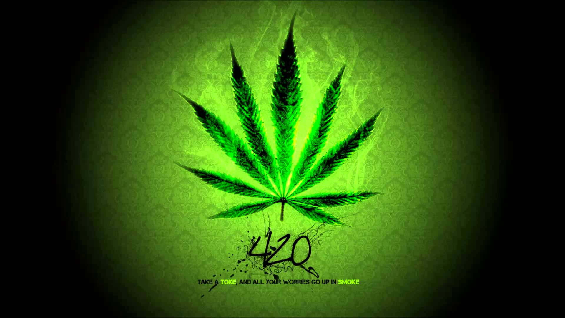 迷幻 桌布 壁紙 — 發光的霓虹綠色大麻葉居中於有紋理的綠色背景上，下方有數字420和文字。