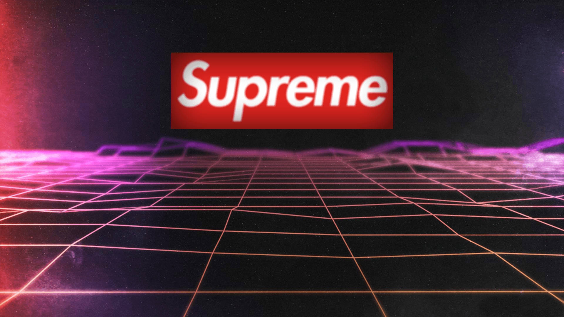 桌布 壁紙 — 發光的霓虹網格在黑暗的宇宙背景下，在漂浮的紅色 Supreme 標誌下方延伸至遠方。