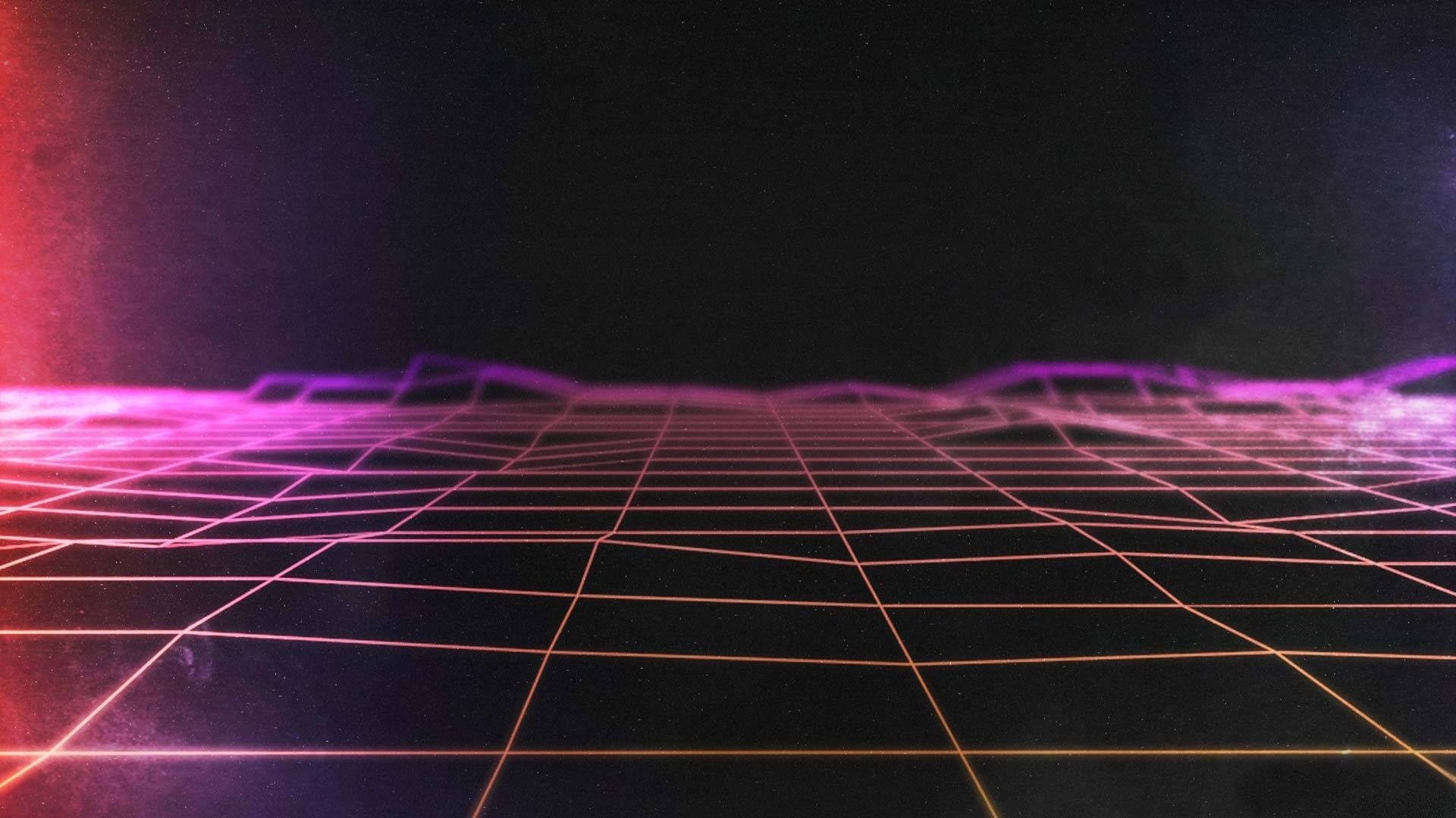 80s Retro 桌布 壁紙 — 發光的霓虹網格延伸至黑暗虛空，粉紅和紫色調投射出復古未來主義的光芒。