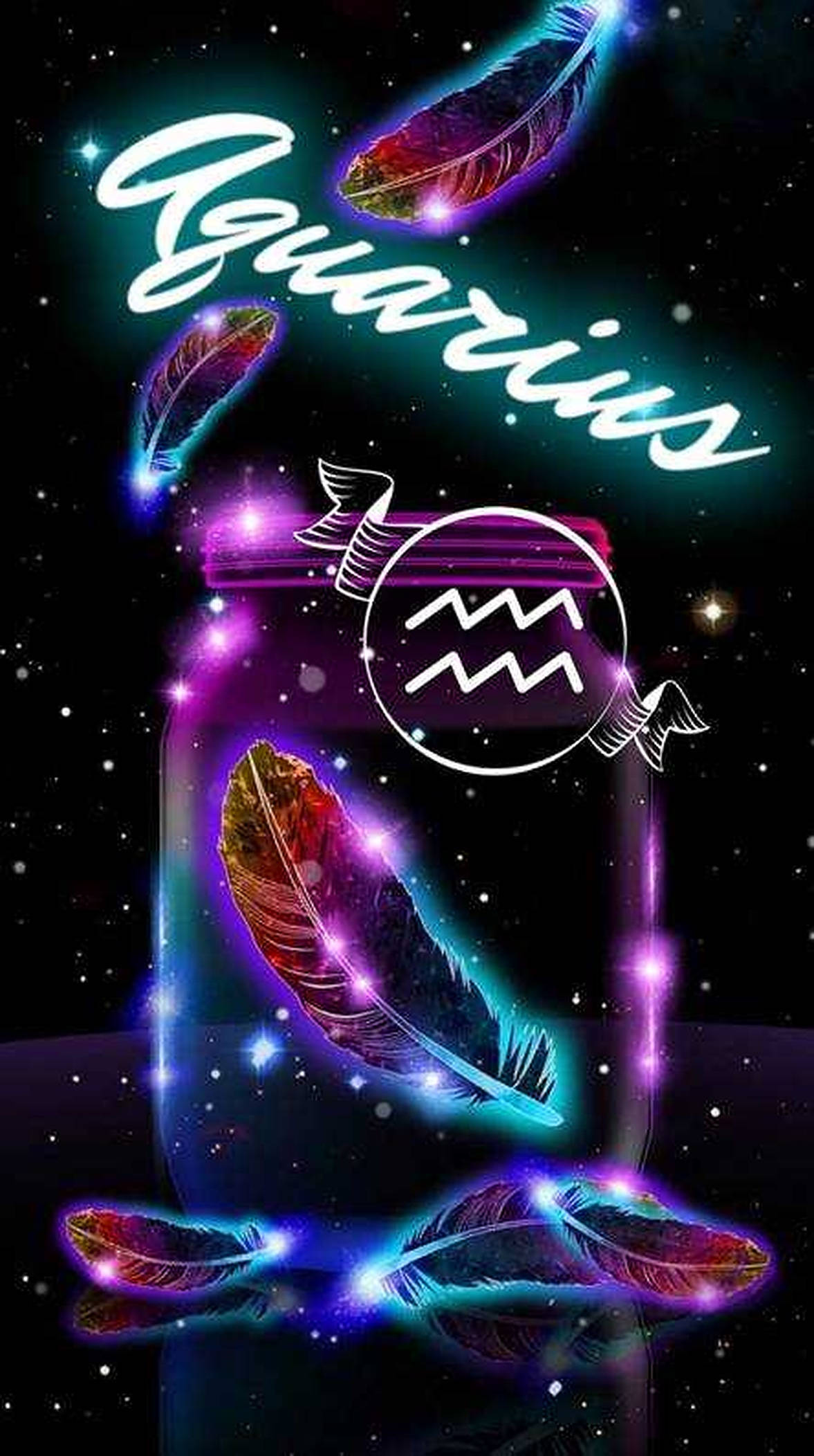 aquarius 桌布 壁紙 — 發光的霓虹羽毛漂浮在一個帶有水瓶座符號的罐子周圍，背景是星光燦爛的宇宙。