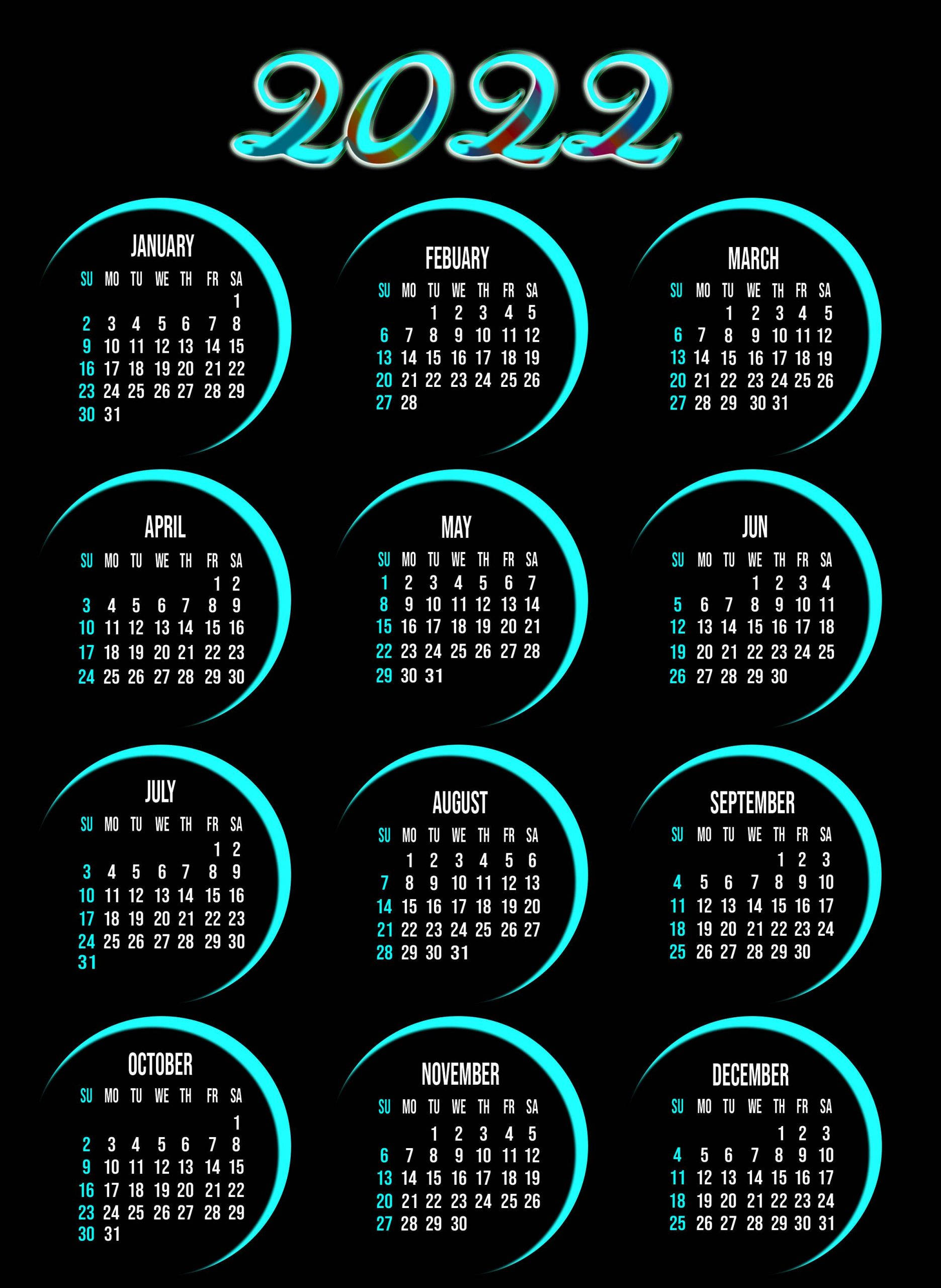 Calendar 桌布 壁紙 — 發光的霓虹藍色2022年月曆，在黑色背景上帶有圓形月度網格。