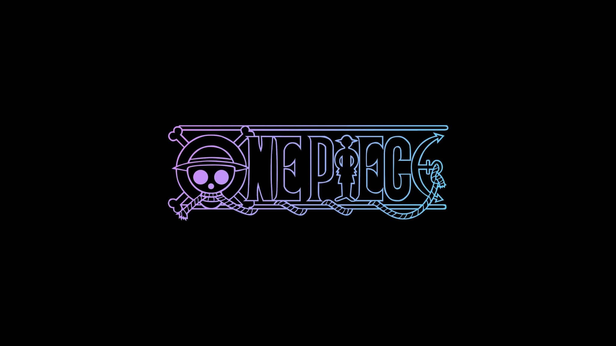 One Piece Logo 桌布 壁紙 — 發光的霓虹藍色和紫色One Piece標誌，白色輪廓，襯在純黑色背景上。