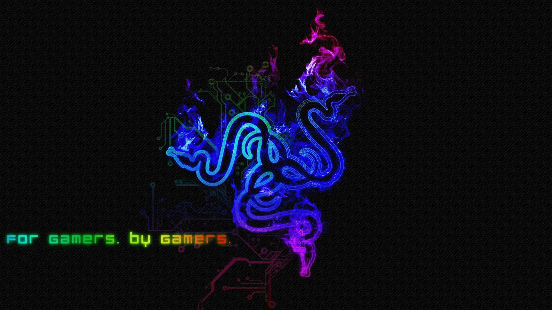 雷蛇 桌布 壁紙 — 發光的霓虹藍色和紫色Razer標誌，形狀像蛇，帶有電路板圖案，背景為黑色。