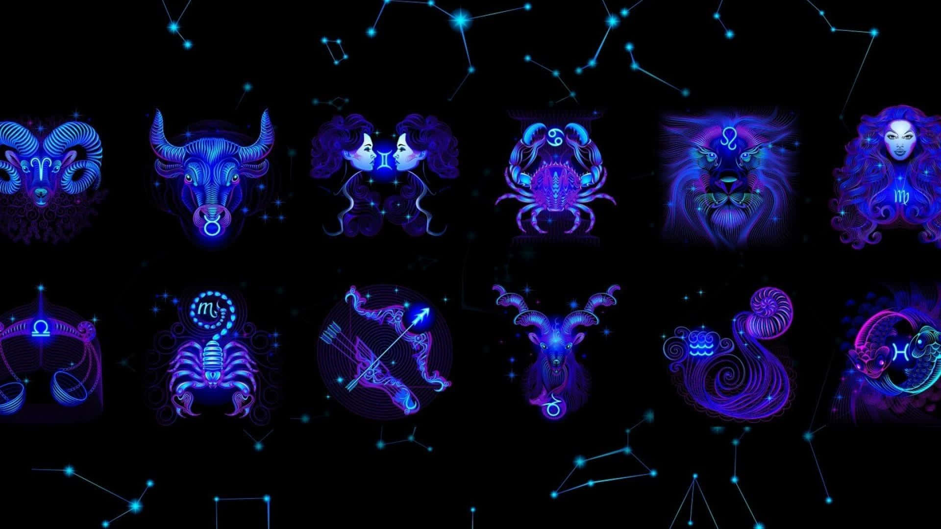 aries 桌布 壁紙 — 發光的霓虹藍色和紫色星座符號漂浮在繁星點點的夜空上，並有連接的星座。