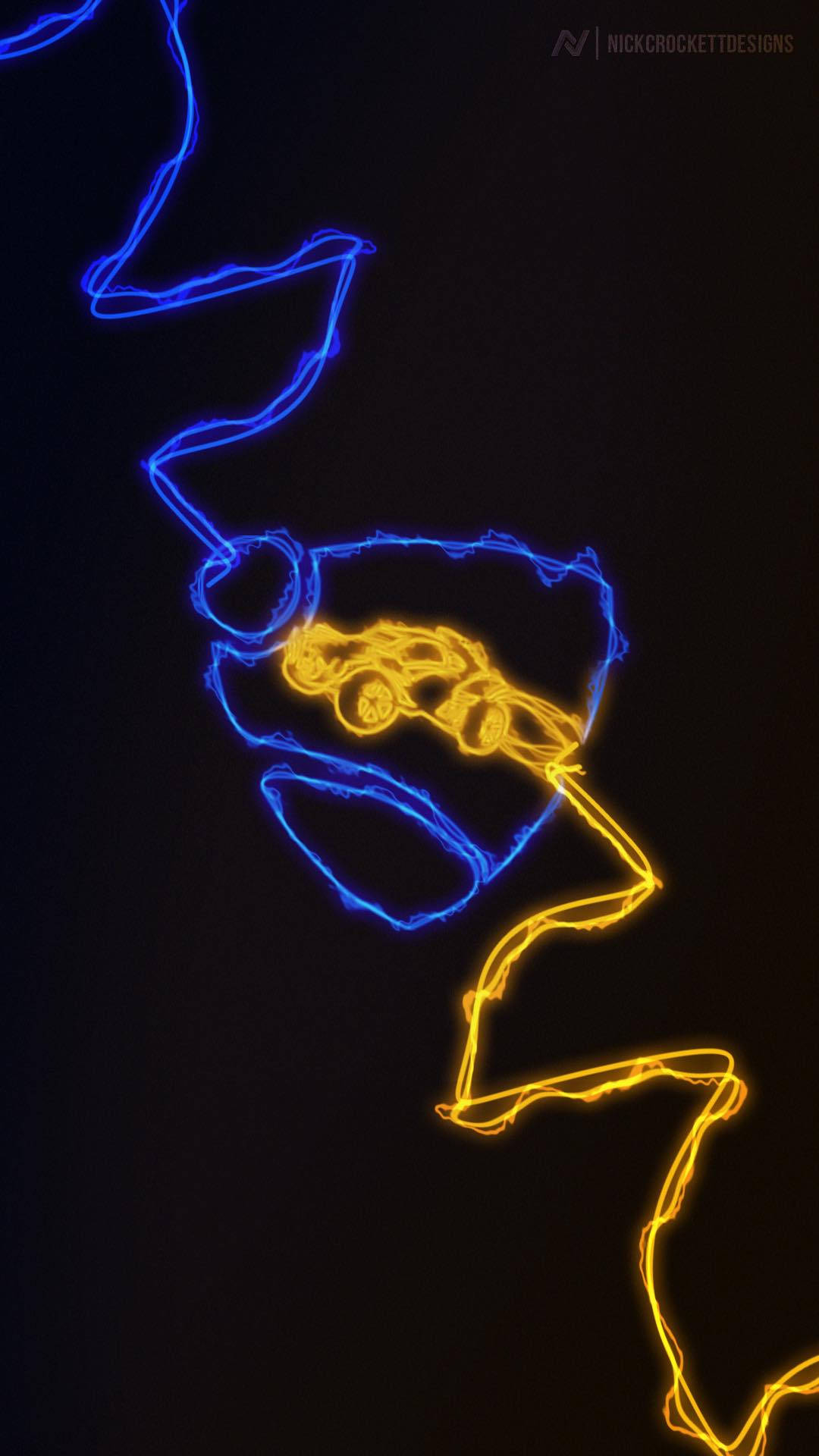 Rocket League iPhone 桌布 壁紙 — 發光的霓虹藍色和黃色光跡形成一條蜿蜒的賽道，帶有汽車剪影在黑暗背景中移動。