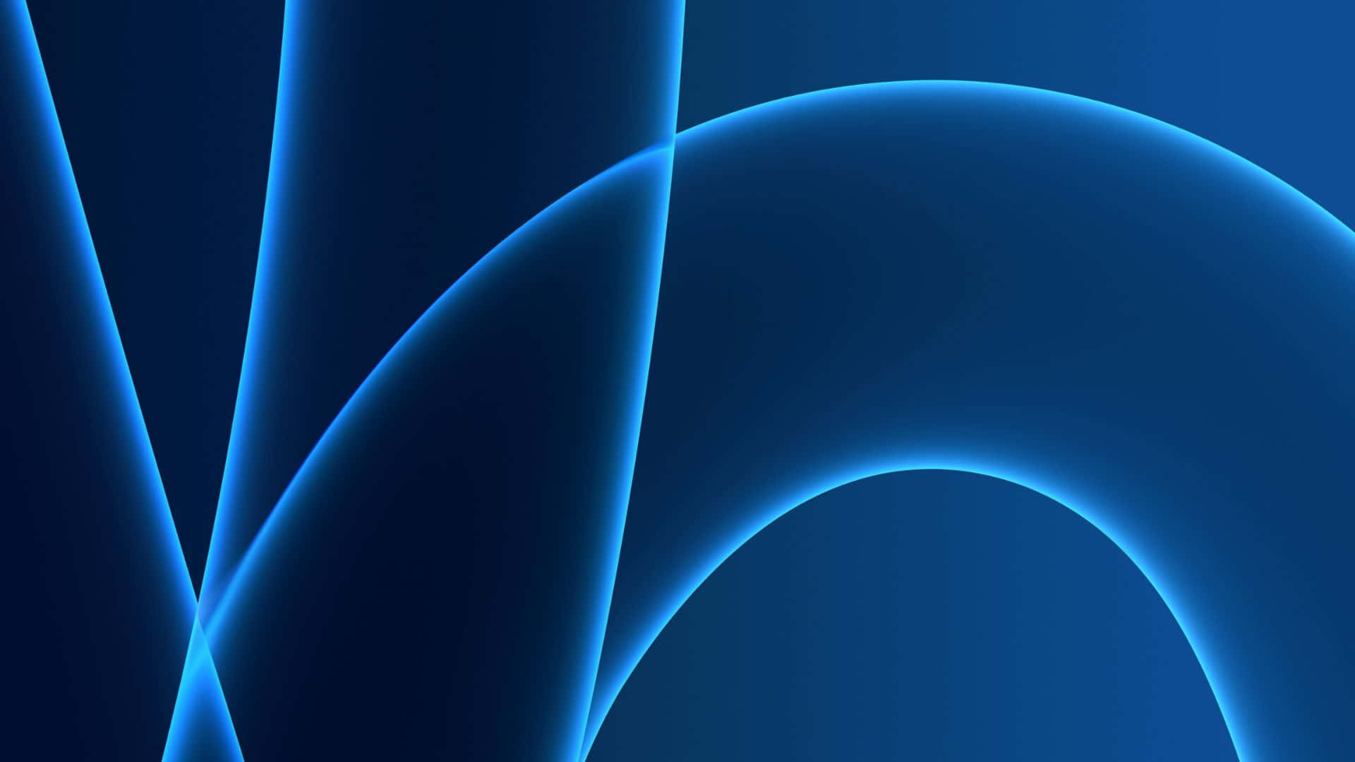 Powerpoint Blue 桌布 壁紙 — 發光的霓虹藍色曲線和線條在深藍色漸變背景上動態流動。