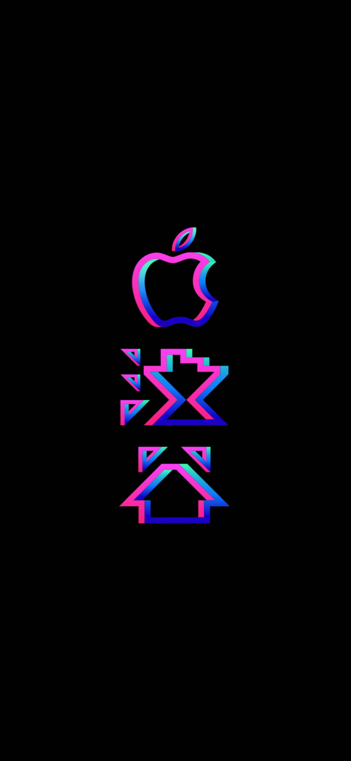 iPhone XS 桌布 壁紙 — 發光的霓虹蘋果標誌，下方有像素化的幾何形狀，背景為黑色。