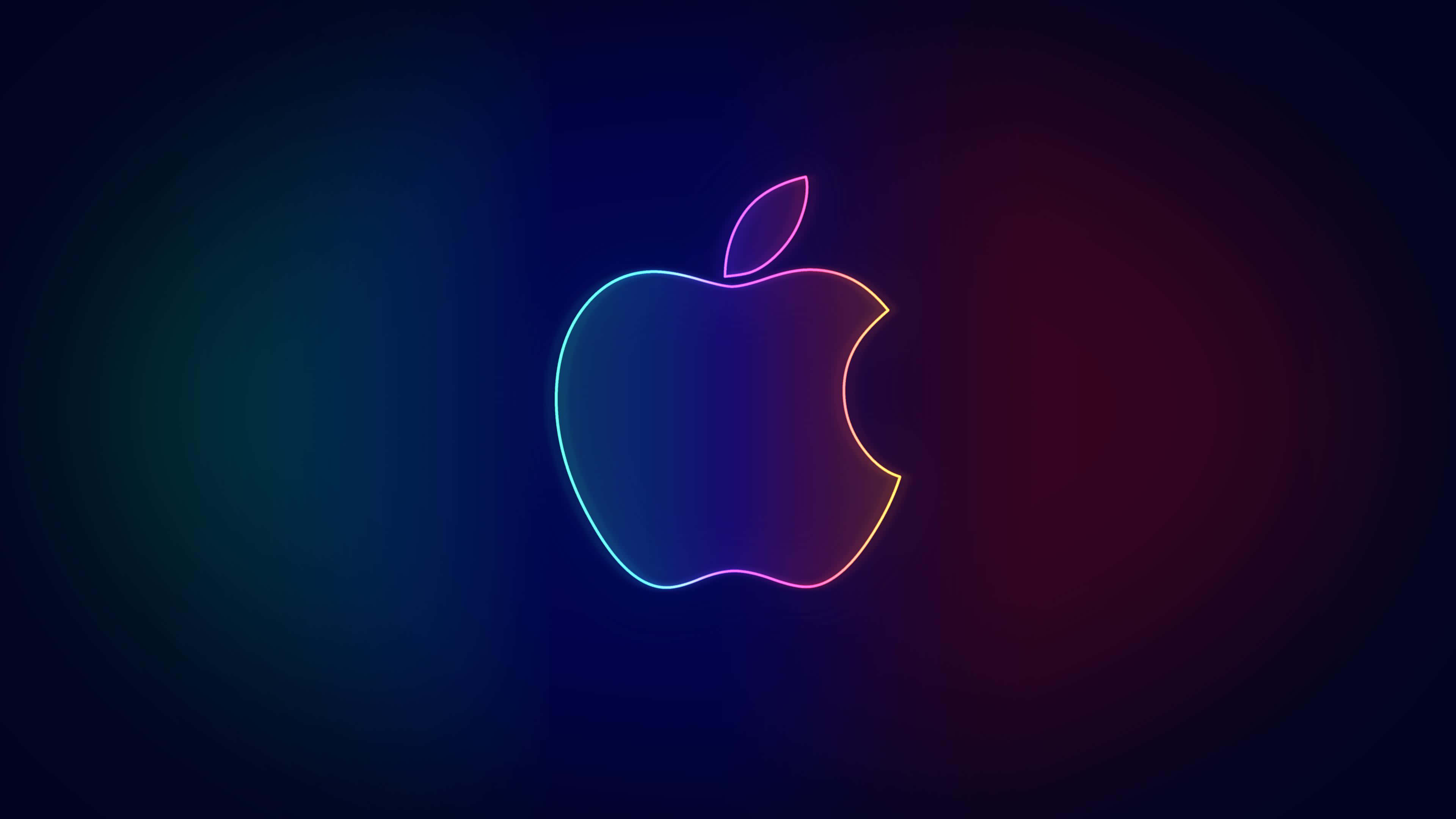 4K Apple 桌布 壁紙 — 發光的霓虹蘋果標誌在深色漸變背景上散發出鮮豔的彩虹色調。