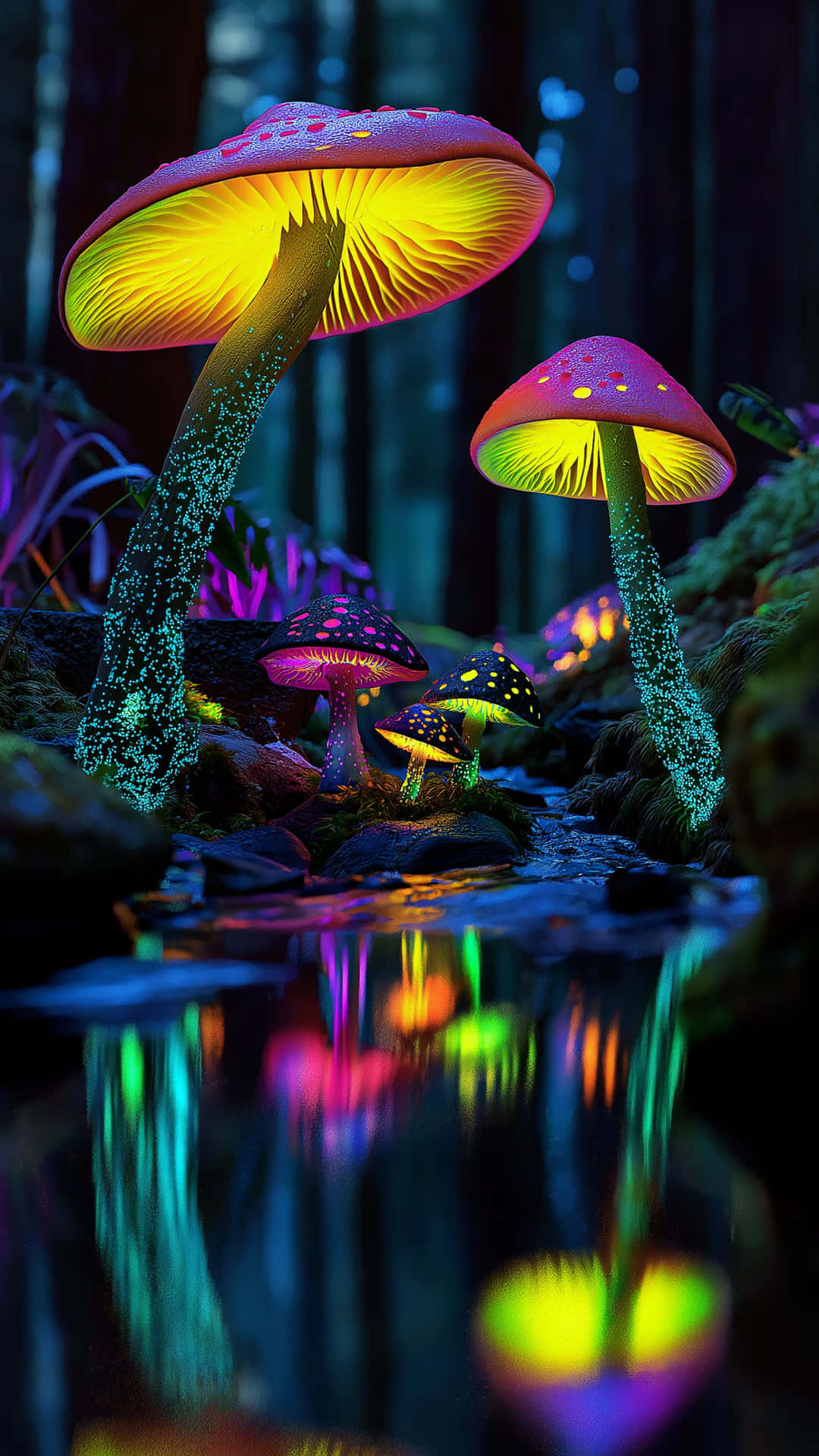 Bioluminescent mushrooms glowing vibrantly in an enchanted forest reflecting on water 壁紙 — 發光的霓虹蘑菇，內部黃色，紫色菌蓋，在夜空下的黑暗森林溪流中倒映。