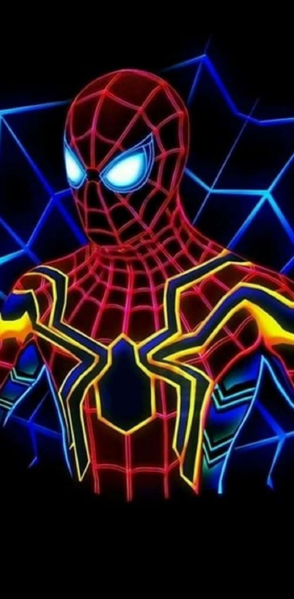 Marvel Profile 桌布 壁紙 — 發光的霓虹蜘蛛人，擁有明亮的藍色眼睛和電光紅、黃、藍色輪廓，背景為深色。