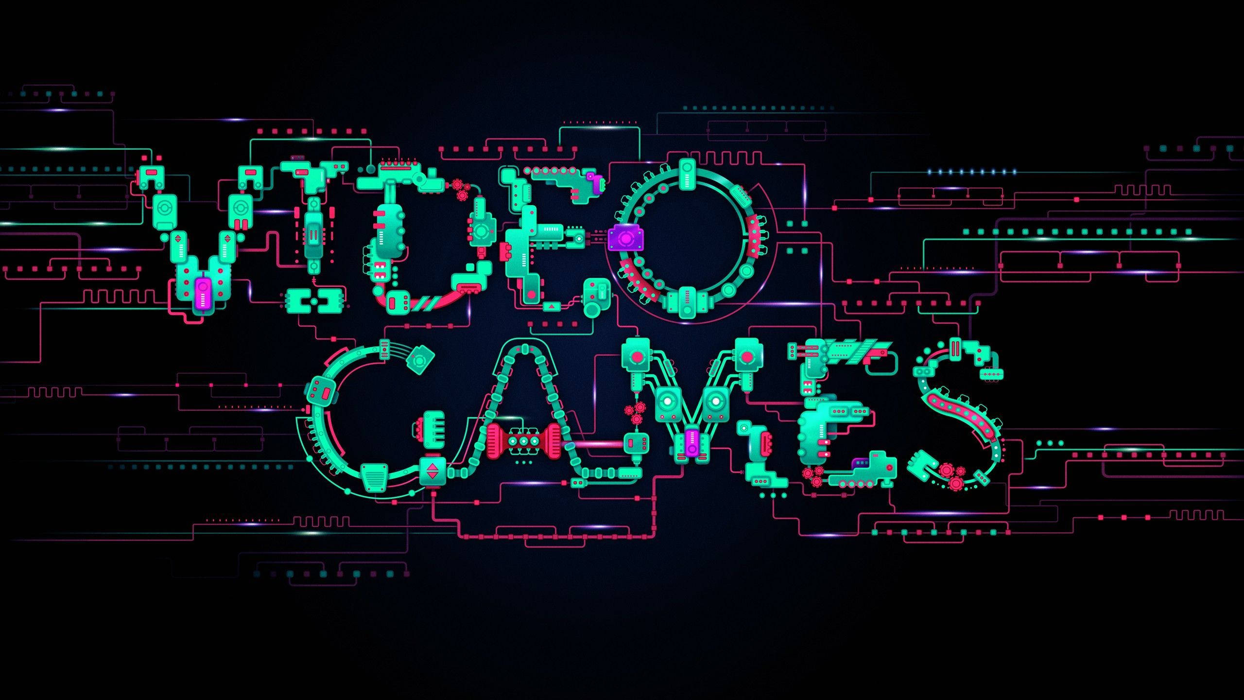 電玩遊戲 桌布 壁紙 — 發光的霓虹電路在黑暗的數位背景上形成「VIDEO GAMES」字樣。