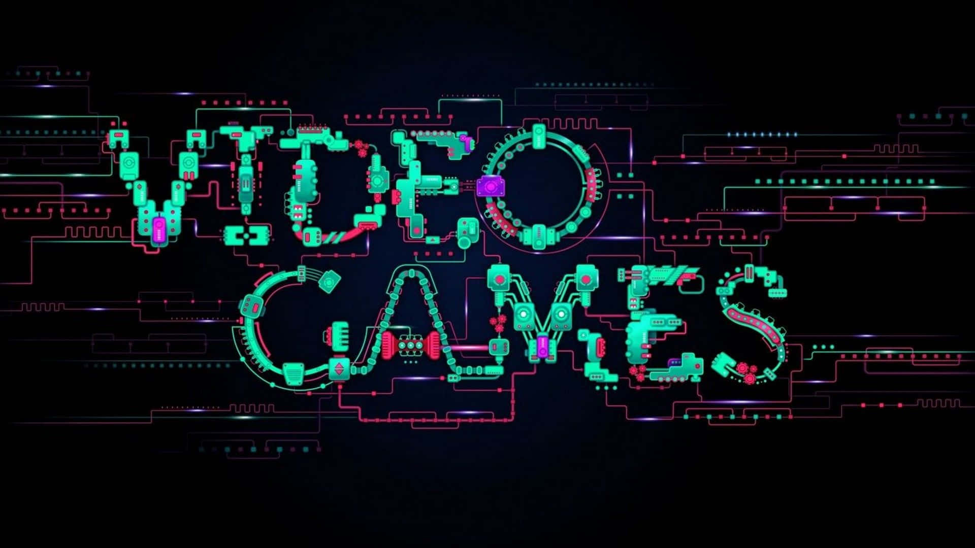 遊戲 桌布 壁紙 — 發光的霓虹電路在黑暗的數位背景上形成「VIDEO GAMES」字樣。