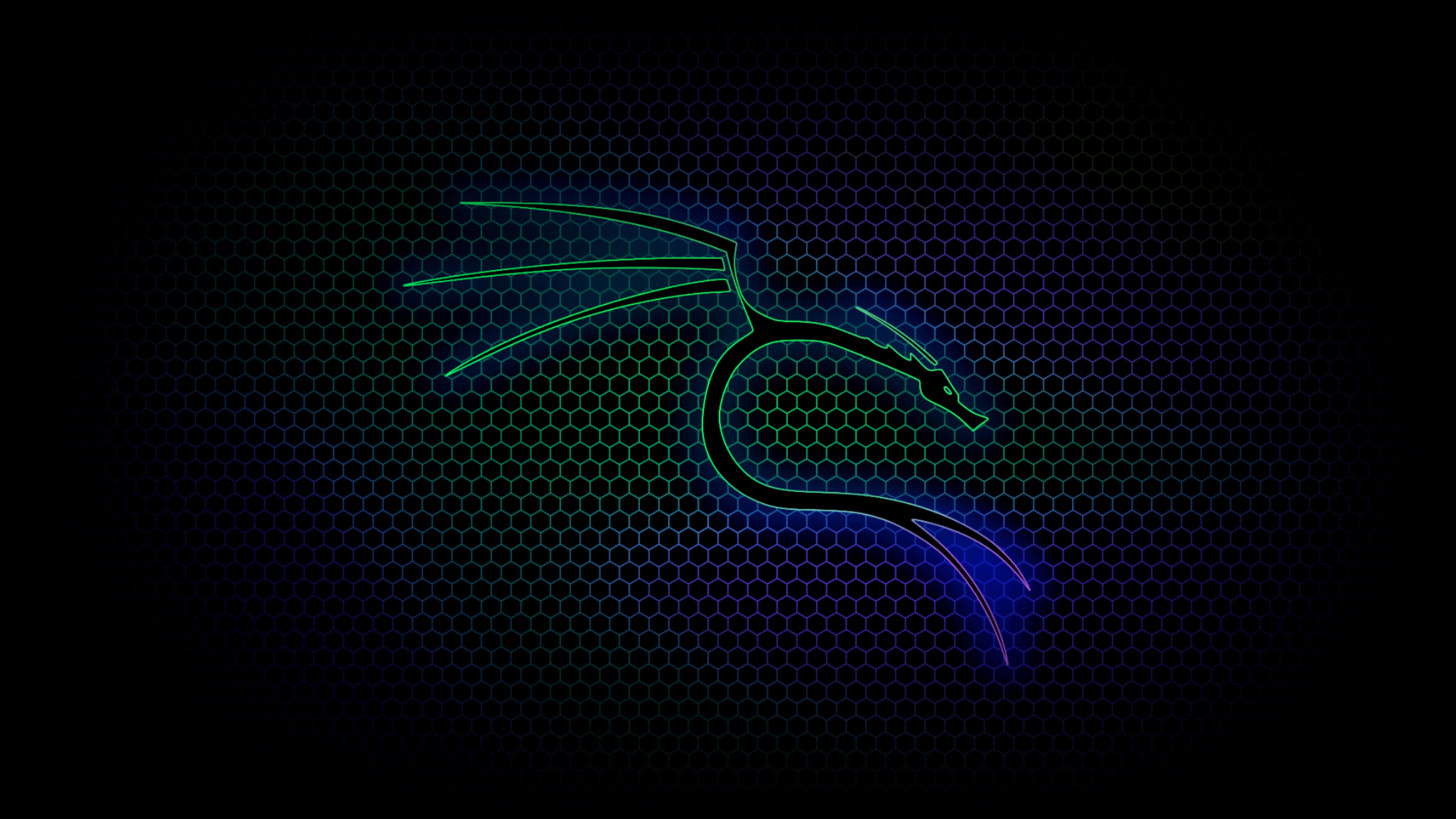 Kali Linux 桌布 壁紙 — 發光的霓虹龍輪廓在帶有電光藍和綠色調的深色六邊形網格上滑行。