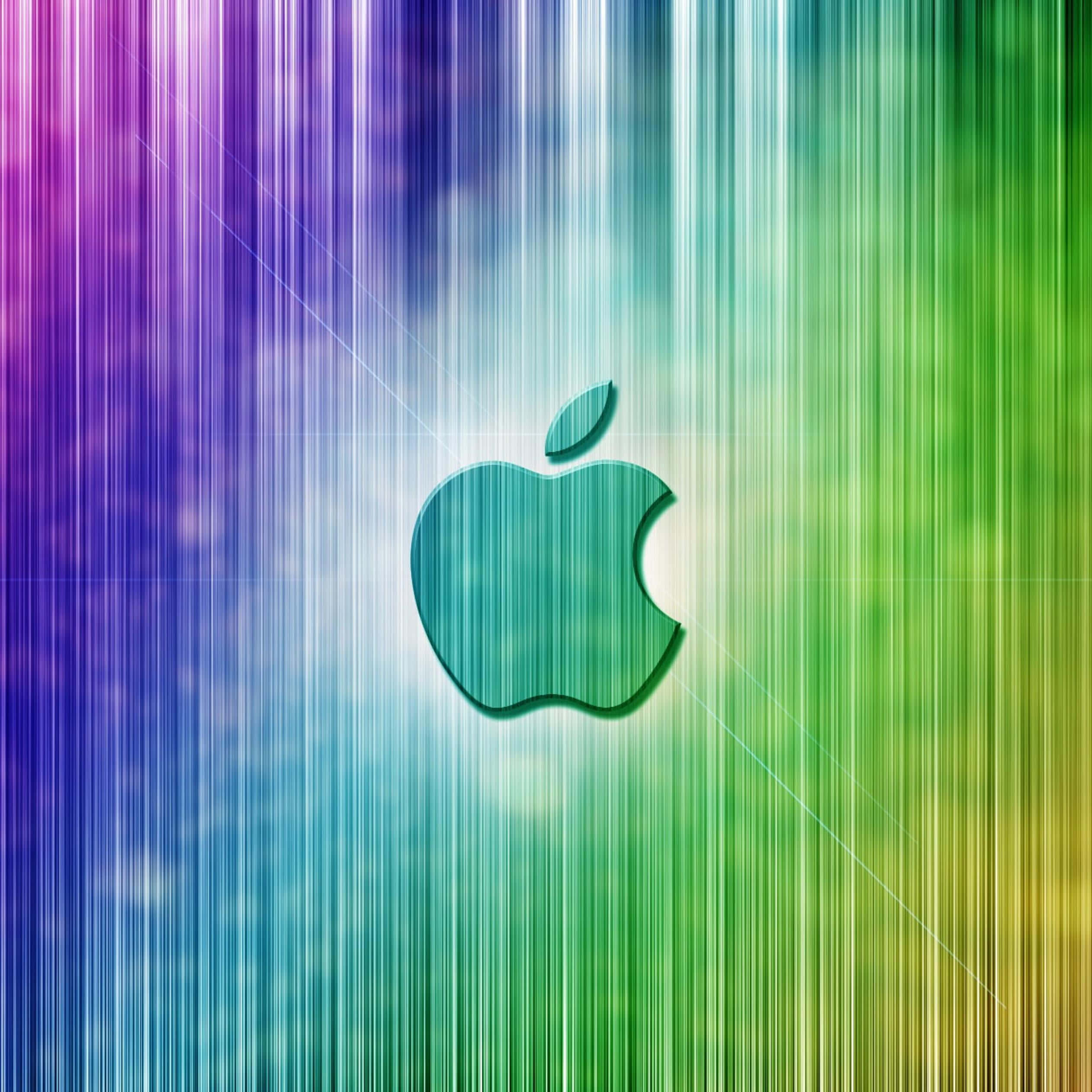 蘋果標誌 桌布 壁紙 — 發光的青綠色Apple標誌居中於充滿活力的彩虹漸變背景上，帶有垂直光條。