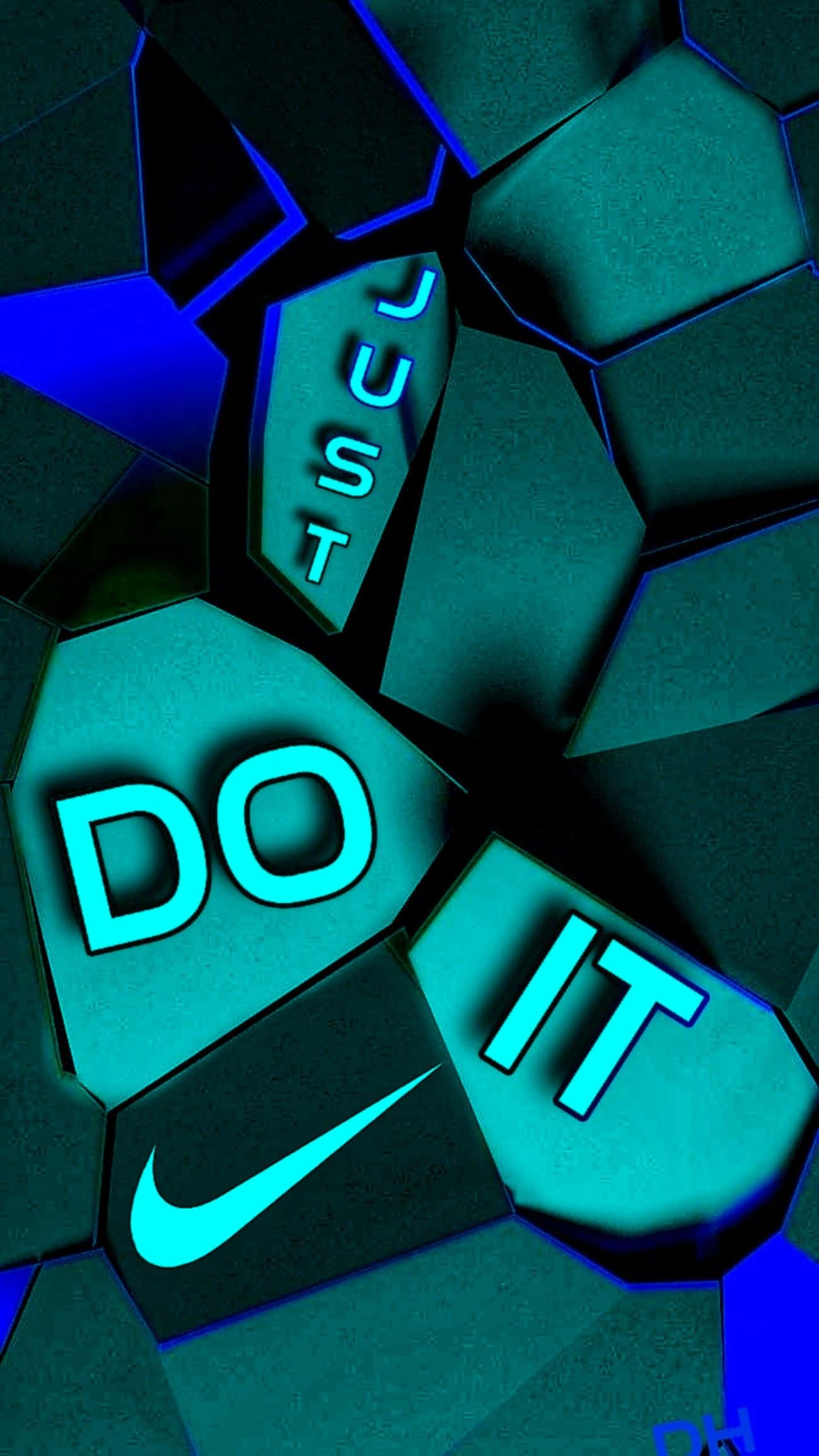 Blue Nike 桌布 壁紙 — 發光的青綠色Nike「Just Do It」標語嵌入在帶有電光藍色亮點的碎裂幾何面板中。