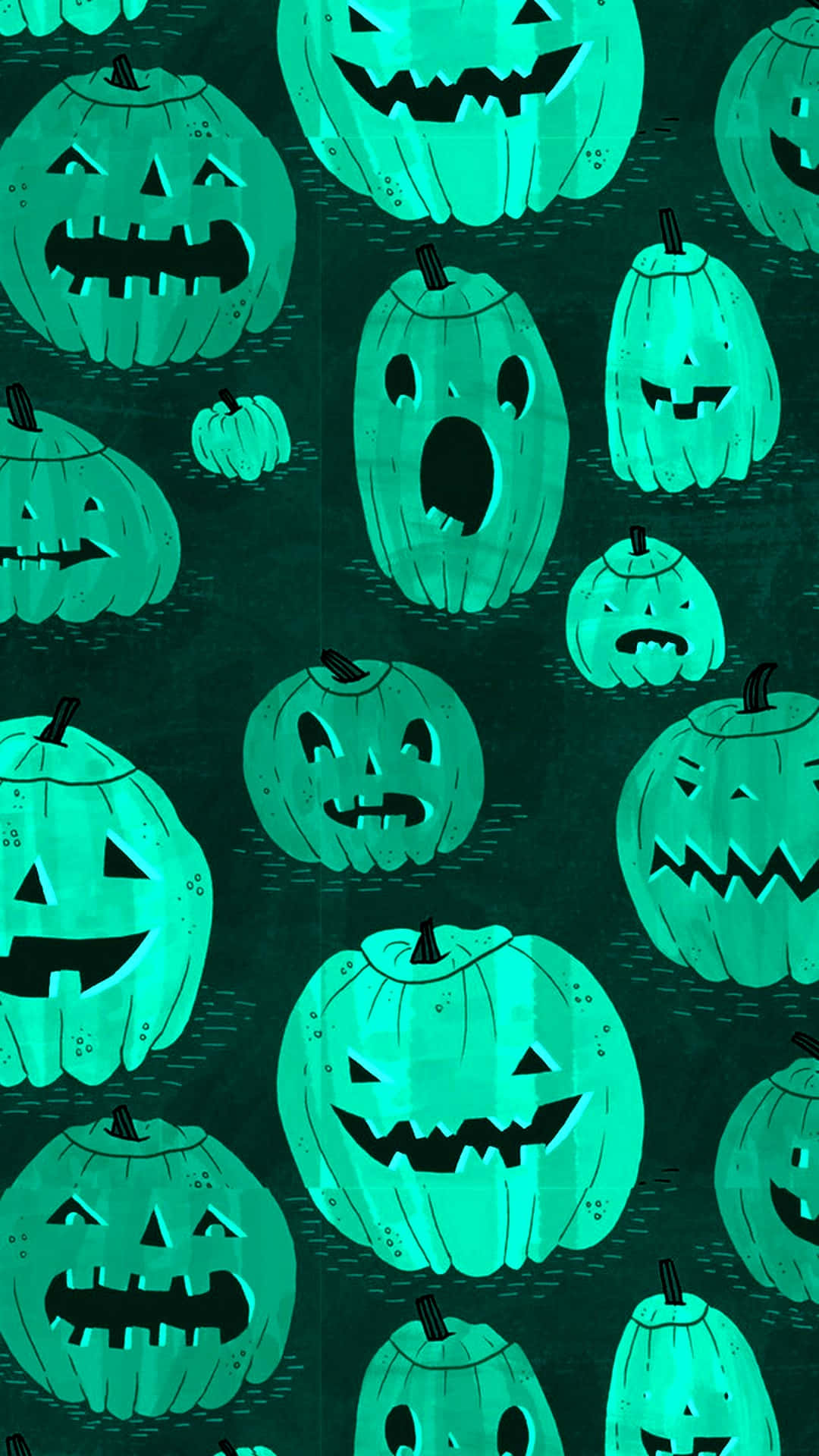 iPhone Halloween 桌布 壁紙 — 發光的青綠色南瓜燈籠帶有各種恐怖表情，漂浮在深色紋理背景上。