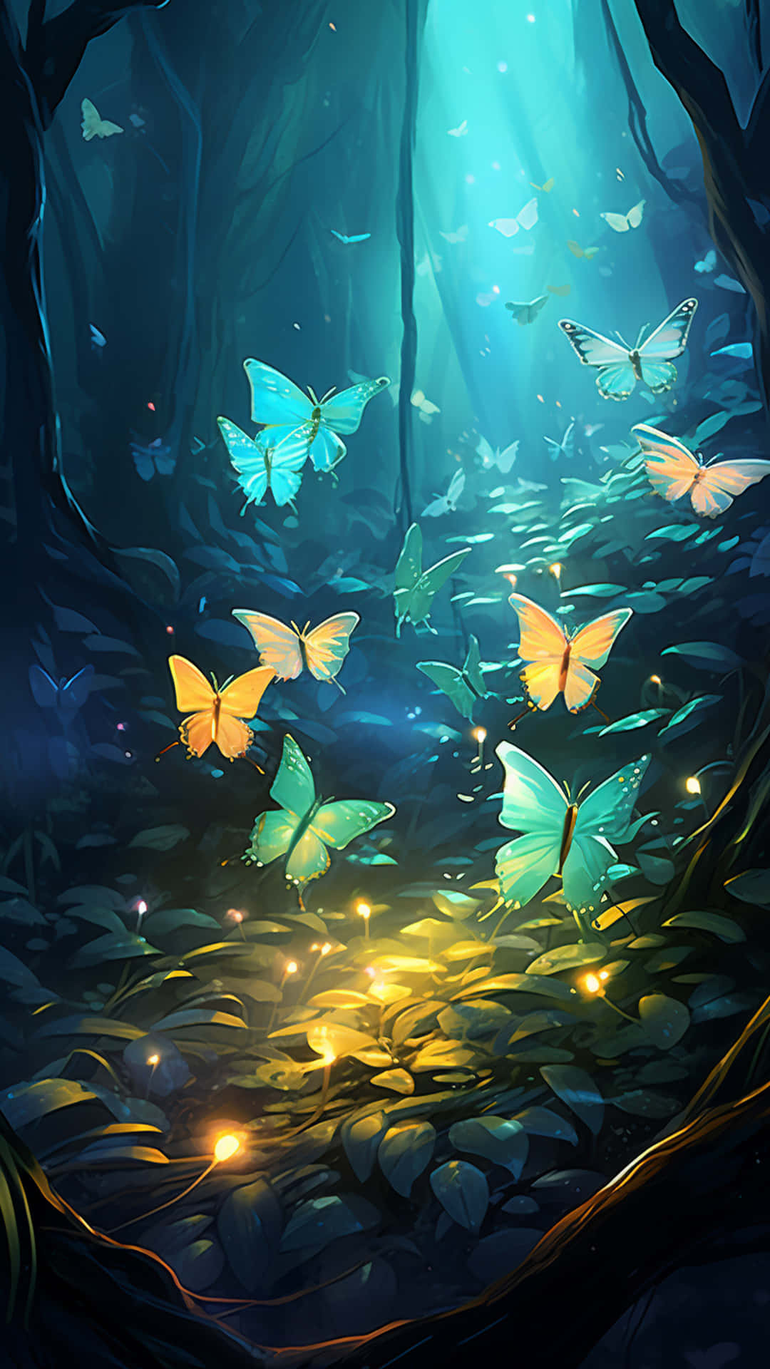 Colourful multiple butterfly and colourful neon background 壁紙 — 發光的青綠色和金色蝴蝶在陽光普照的森林中飛舞，森林中有生物發光的植物。