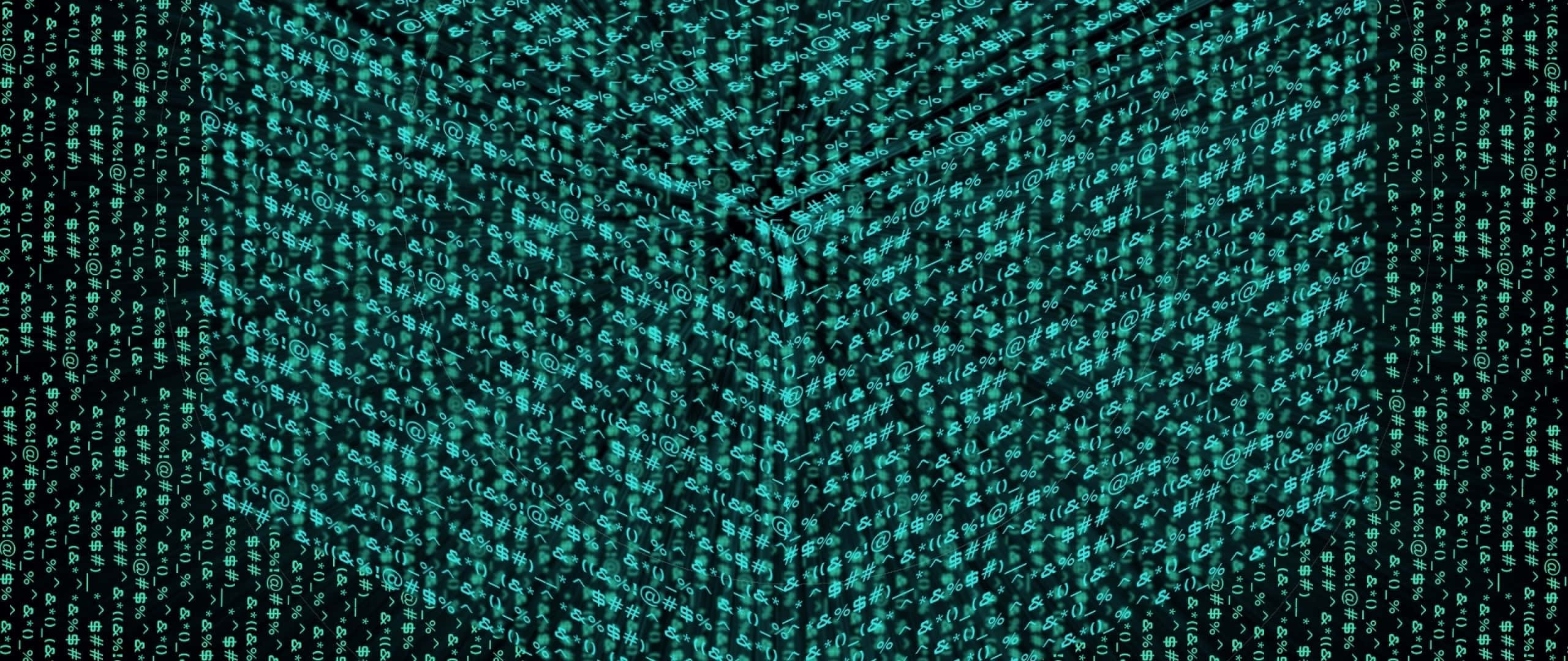 桌布 壁紙 — 發光的青綠色符號的數字矩陣以3D透視對角線級聯在黑色背景上。