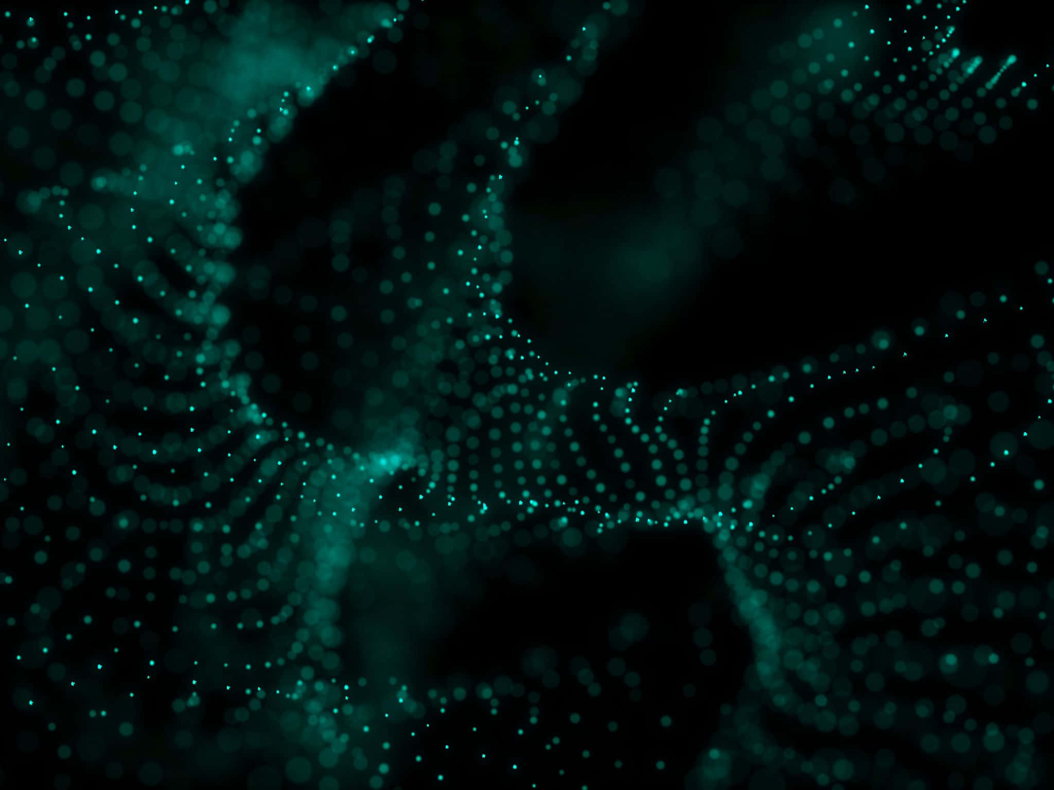 2048x1536 桌布 壁紙 — 發光的青綠色粒子在黑暗虛空中旋轉，形成帶有散景效果的抽象數位圖案。