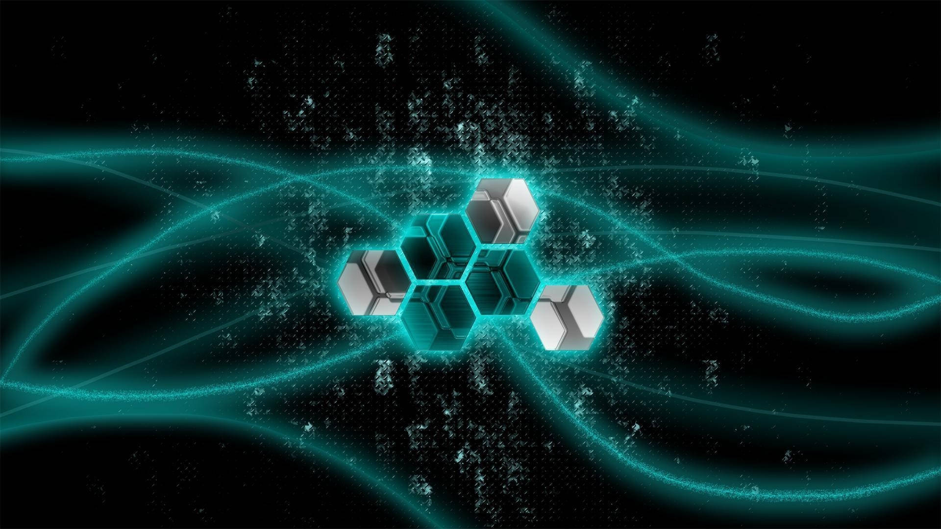 Geometric 桌布 壁紙 — 發光的青綠色能量在金屬六角形集群周圍流動，背景是黑暗的宇宙。