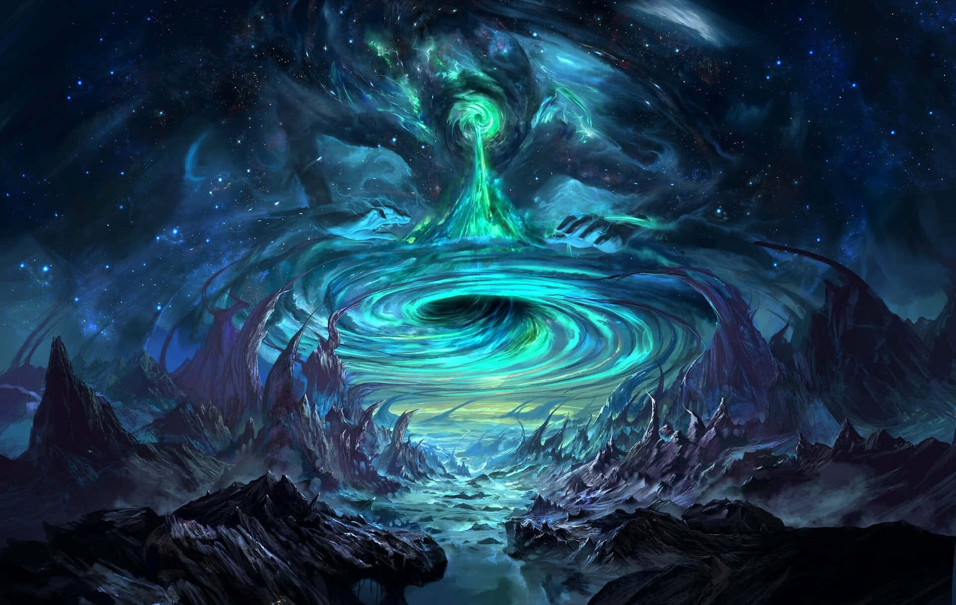 underworld 桌布 壁紙 — 發光的青綠色能量宇宙漩渦在星夜下於崎嶇山脈上空盤旋。