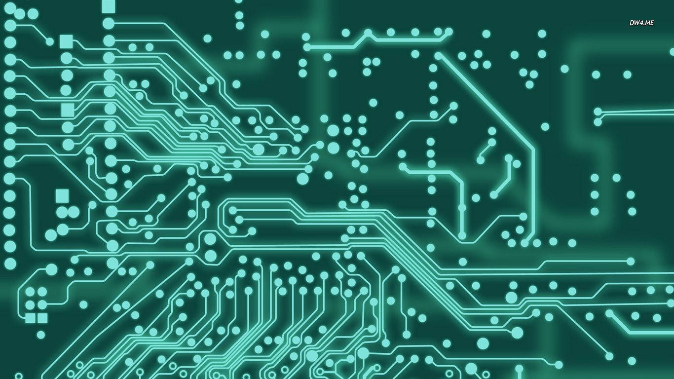 Circuit 桌布 壁紙 — 發光的青綠色電路板，帶有複雜的路徑和點，背景為深綠色。