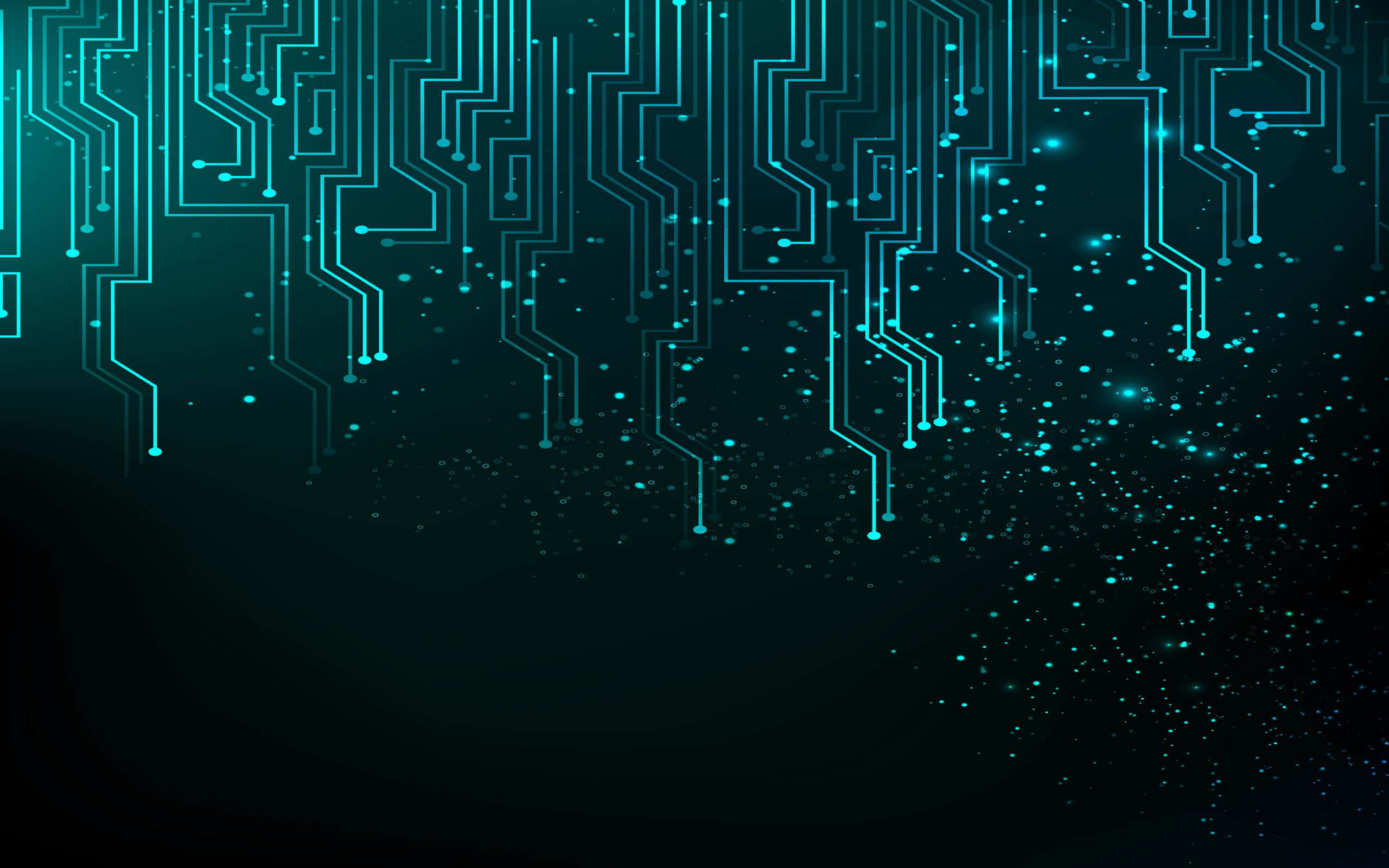 vector 桌布 壁紙 — 發光的青綠色電路線在深色漸變背景上層疊，並帶有散落的數位粒子。