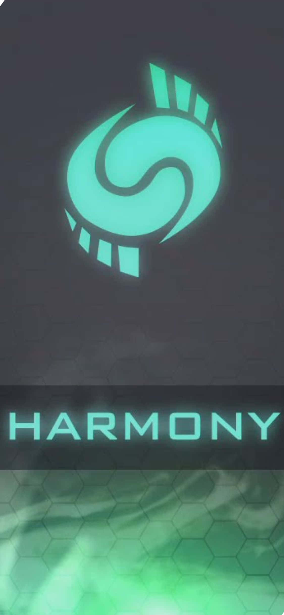 電玩遊戲 桌布 壁紙 — 發光的青綠色風格化「S」標誌和單詞 harmony 漂浮在帶有綠色能量脈衝的六邊形網格上方。