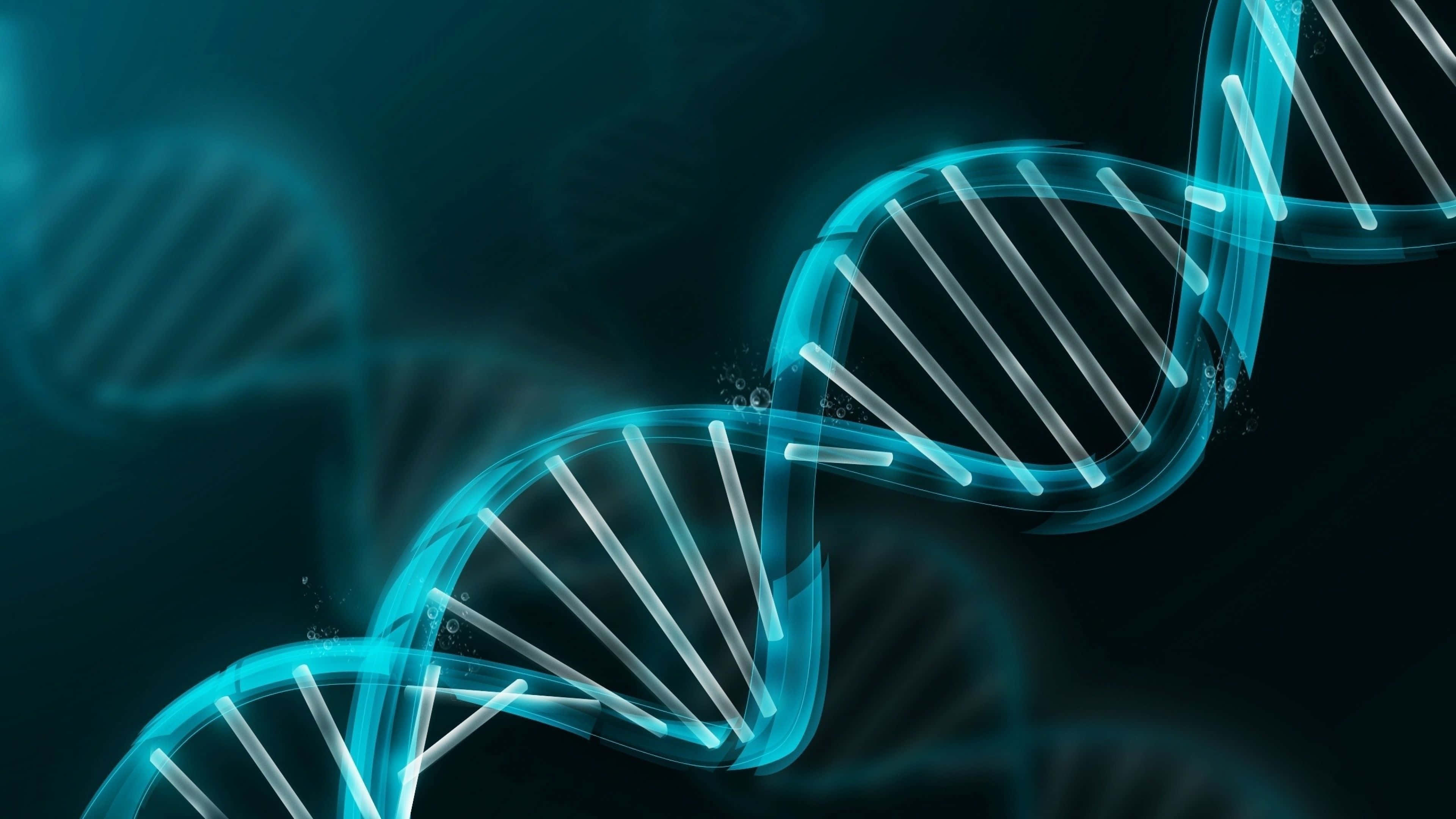 biology 桌布 壁紙 — 發光的青色DNA雙螺旋在深藍綠色背景上盤旋，帶有模糊的基因鏈。