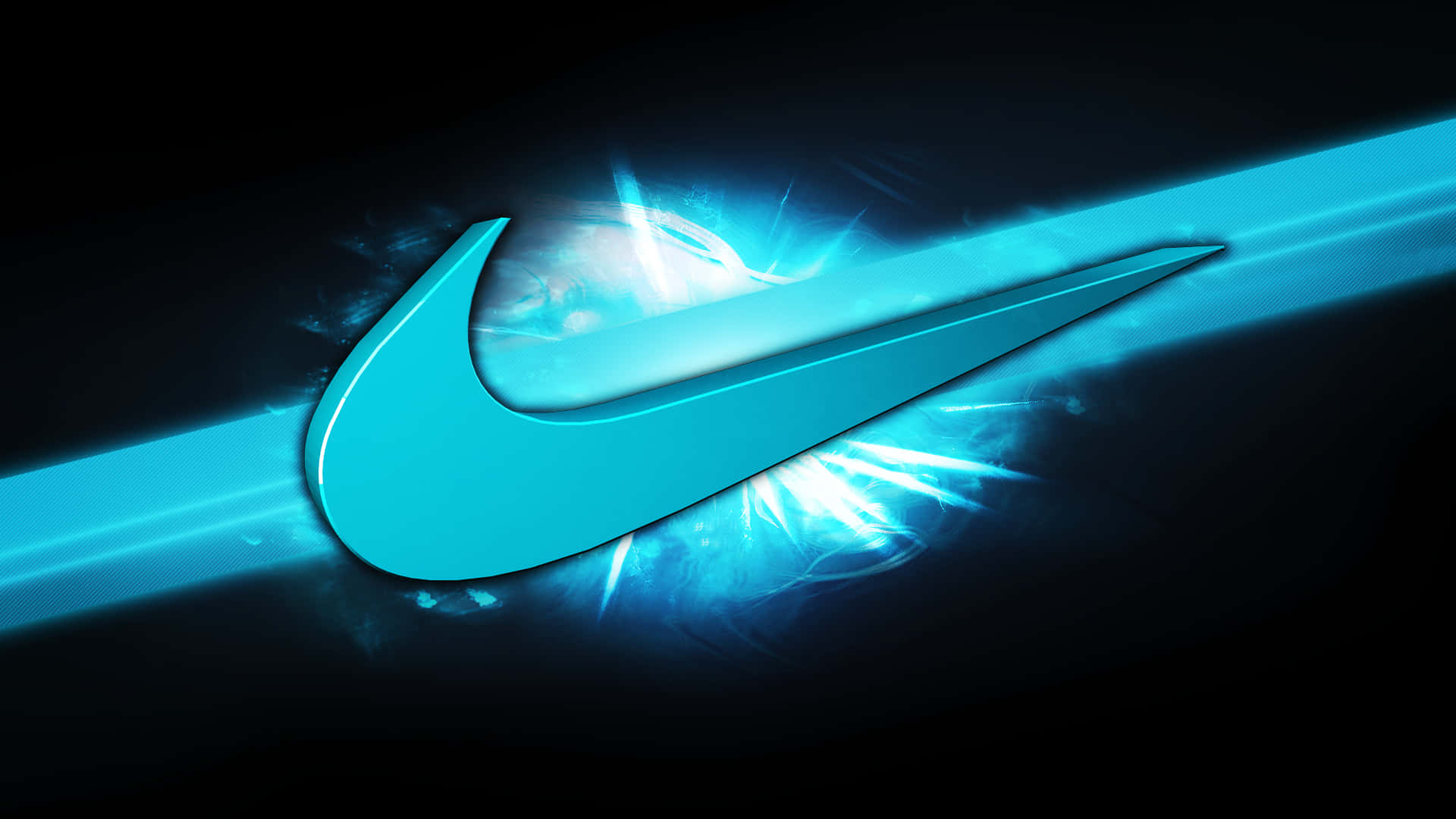 Nike Logo 桌布 壁紙 — 發光的青色Nike勾勾在黑暗背景上散發出電光藍色能量，伴隨光爆效果。
