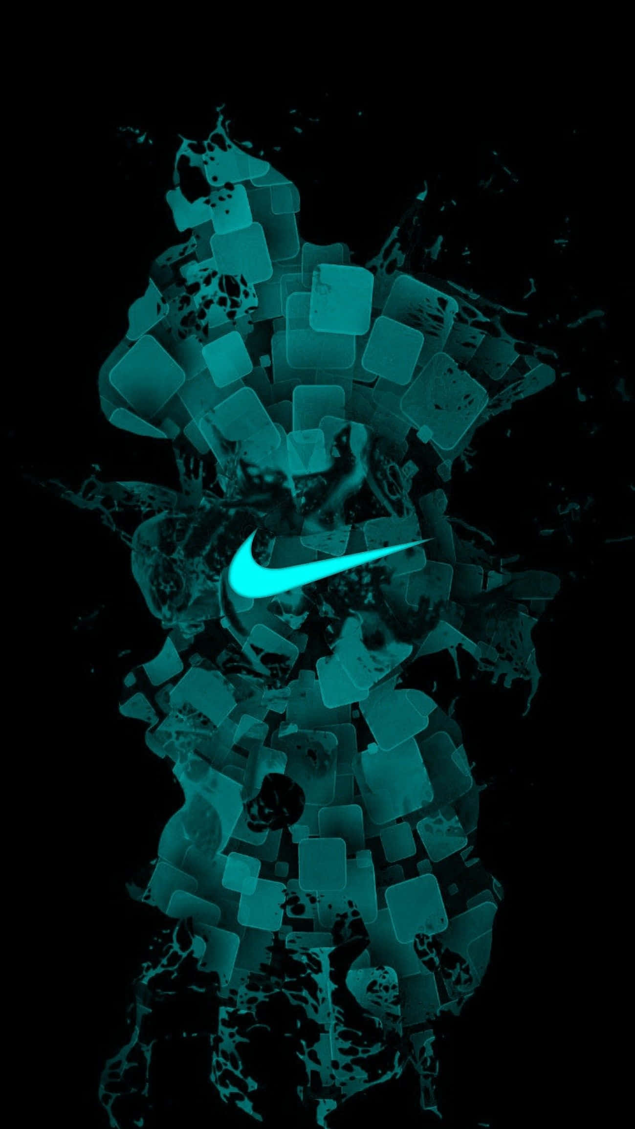 Blue Nike 桌布 壁紙 — 發光的青色Nike勾勾從破碎的玻璃碎片中浮現，背景為黑色。