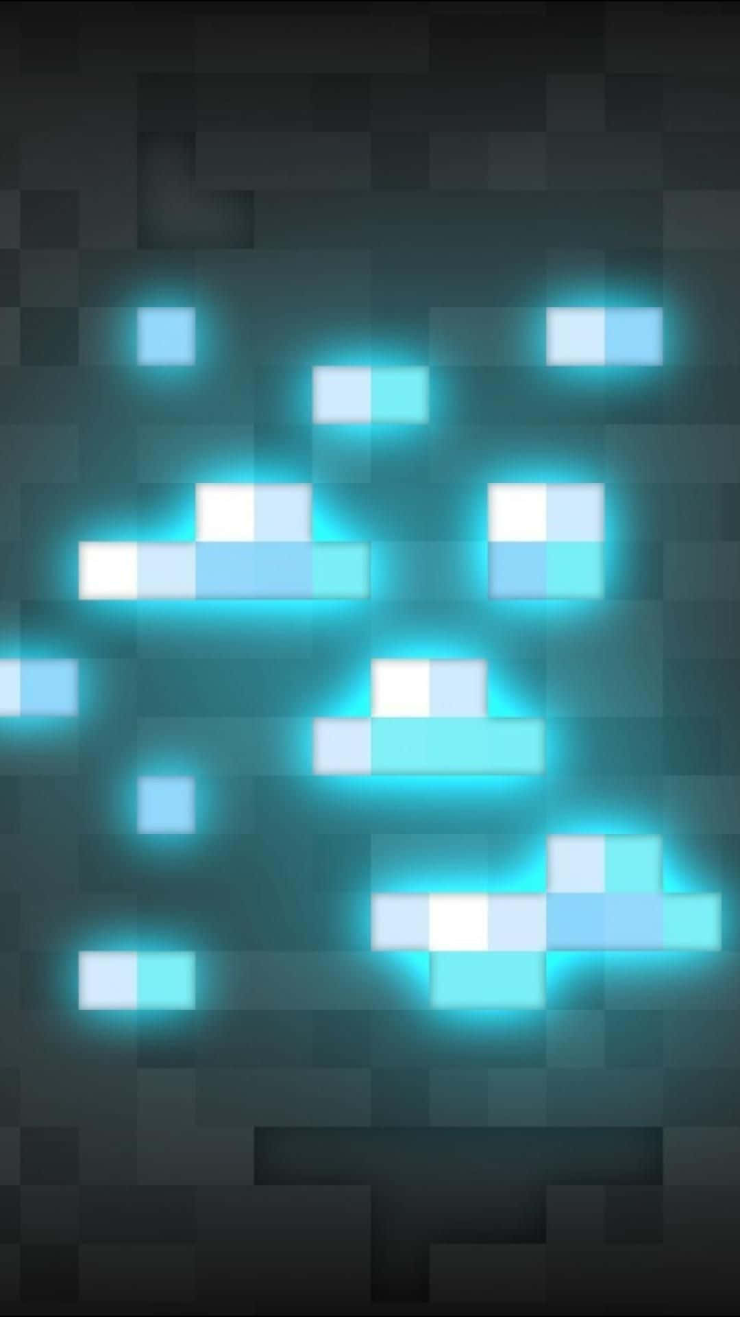 Minecraft Phone 桌布 壁紙 — 發光的青色像素化方形在黑暗紋理背景上漂浮，形成數位抽象圖案。