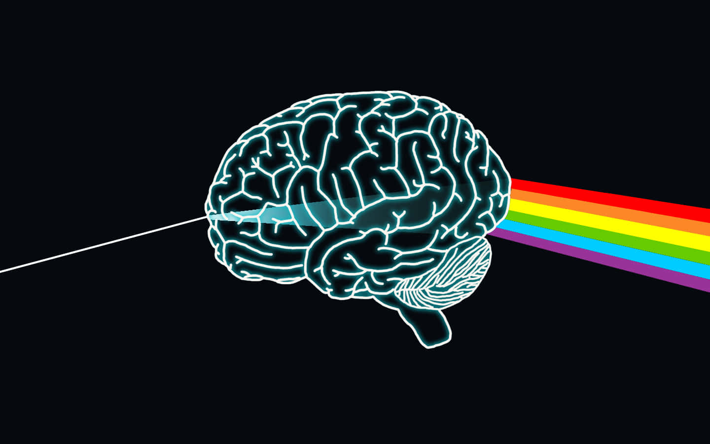 Brain 桌布 壁紙 — 發光的青色大腦在黑色背景上發出鮮豔的彩虹光束。