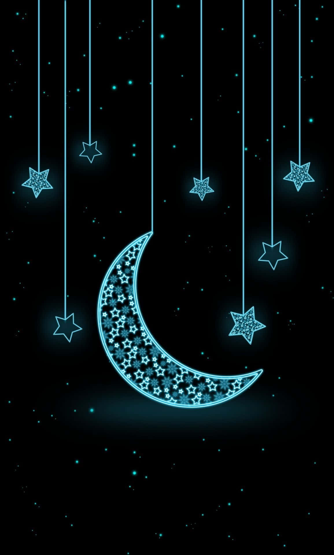 Moon And Stars Phone 桌布 壁紙 — 發光的青色新月和星星像裝飾品一樣懸掛在繁星點點的黑色夜空中。