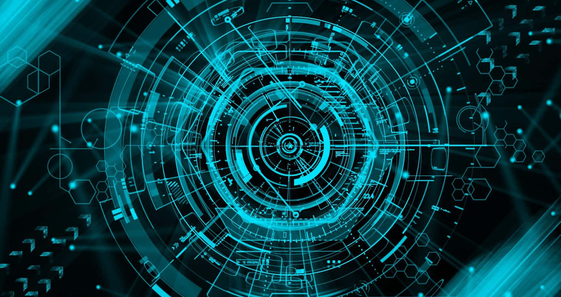 techno 桌布 壁紙 — 發光的青色未來主義介面，帶有同心數位環和六邊形圖案，背景為深色。
