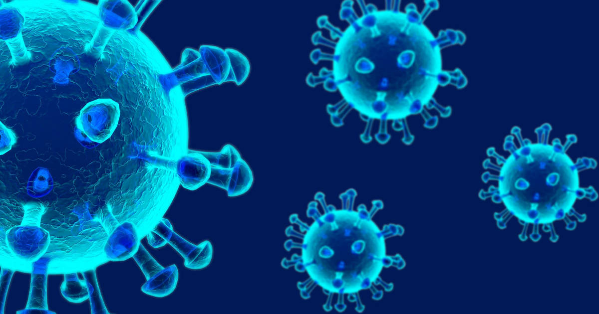 Coronavirus 桌布 壁紙 — 發光的青色病毒粒子在深藍色背景上漂浮，帶有詳細的表面紋理。