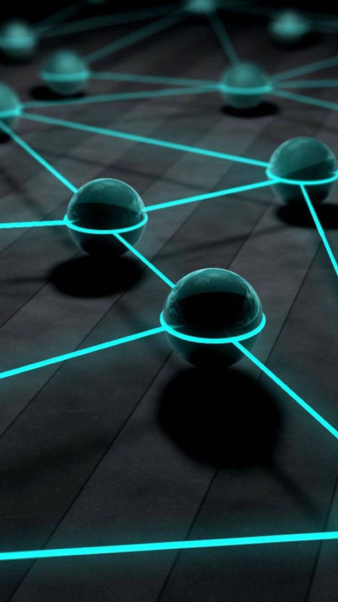 Cyber 桌布 壁紙 — 發光的青色線條在深色木質表面上以未來網絡圖案連接半透明球體。