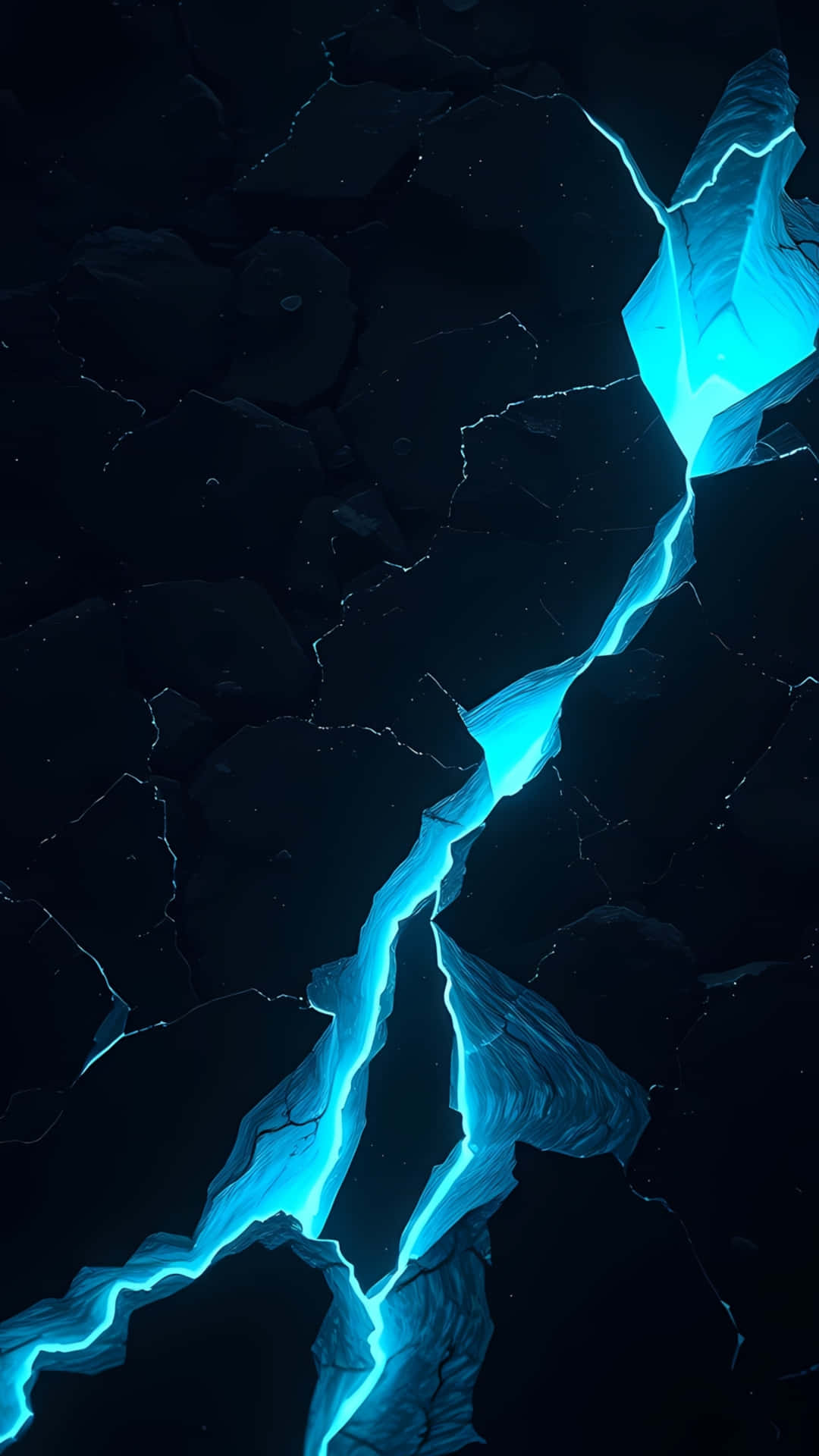 Glowing Blue Energy Crack in Dark Rock 壁紙 — 發光的青色能量流穿過黑暗裂縫岩石，形成戲劇性的垂直構圖。