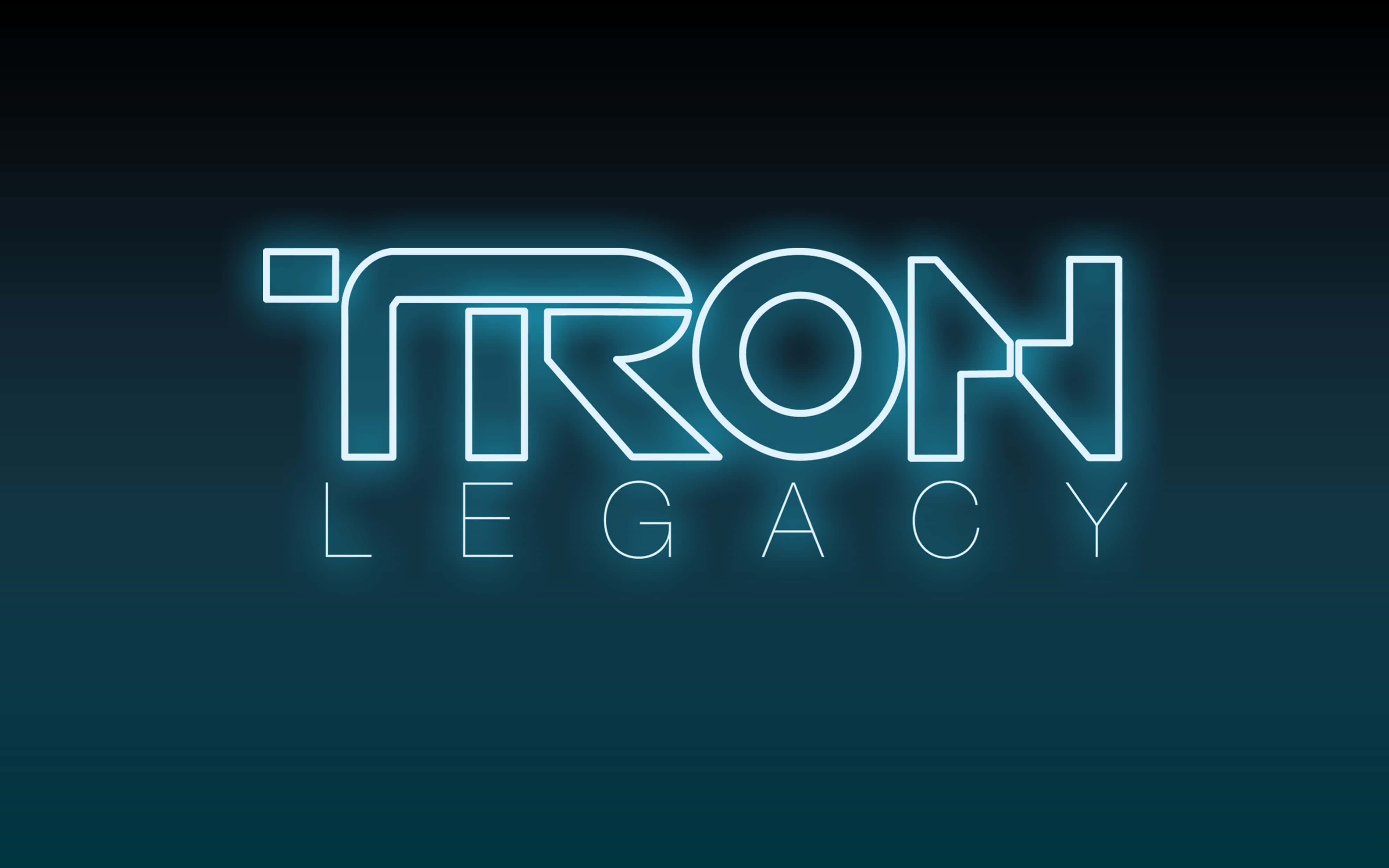 創戰紀 桌布 壁紙 — 發光的青色霓虹文字「TRON LEGACY」在深色漸變背景上脈動。