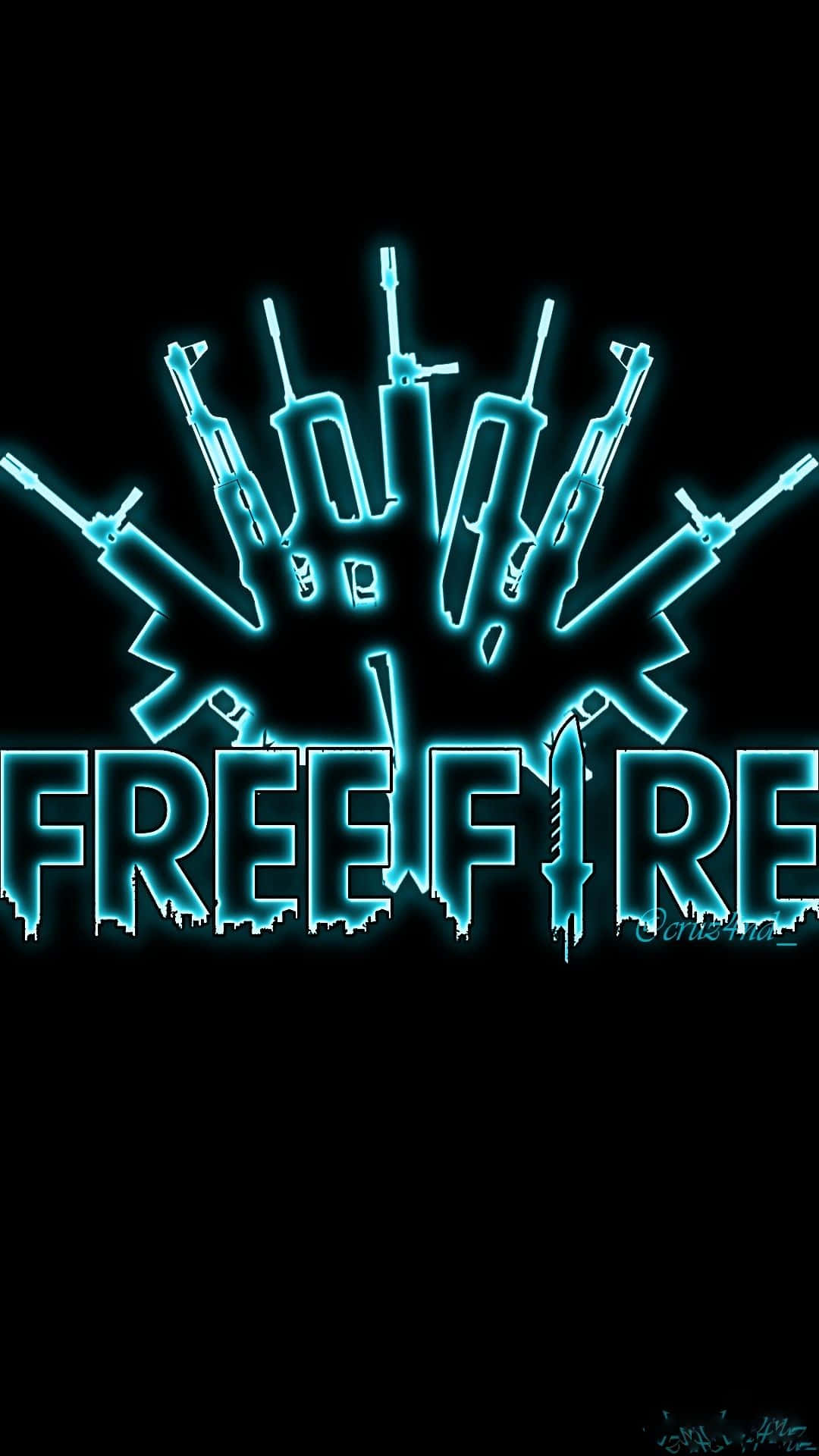 Free Fire Logo 桌布 壁紙 — 發光的青色霓虹槍在黑色背景上的「FREE FIRE」標誌上方爆發。