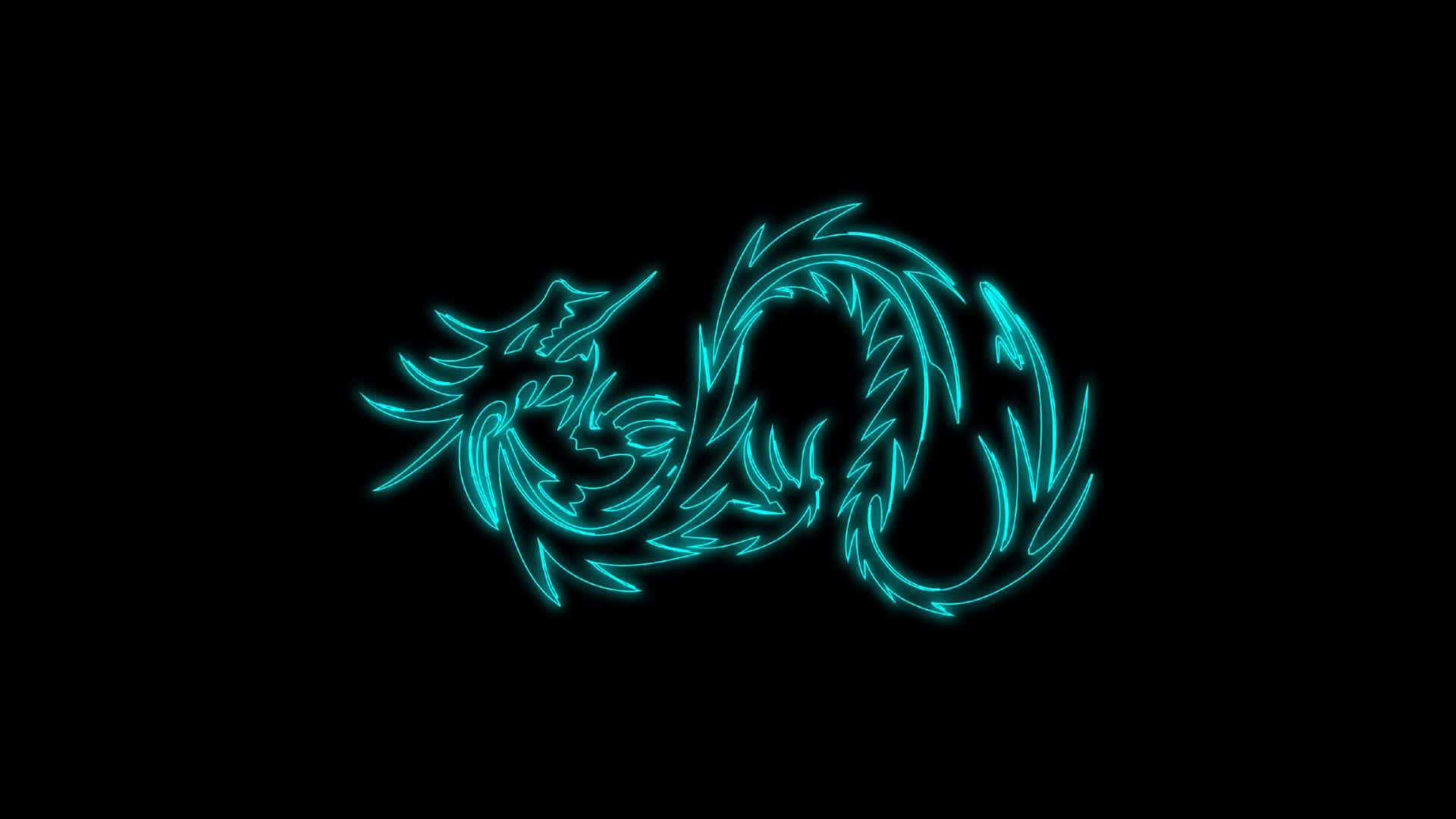 HD Amoled 桌布 壁紙 — 發光的青色霓虹龍輪廓在純黑色背景上動態盤繞。