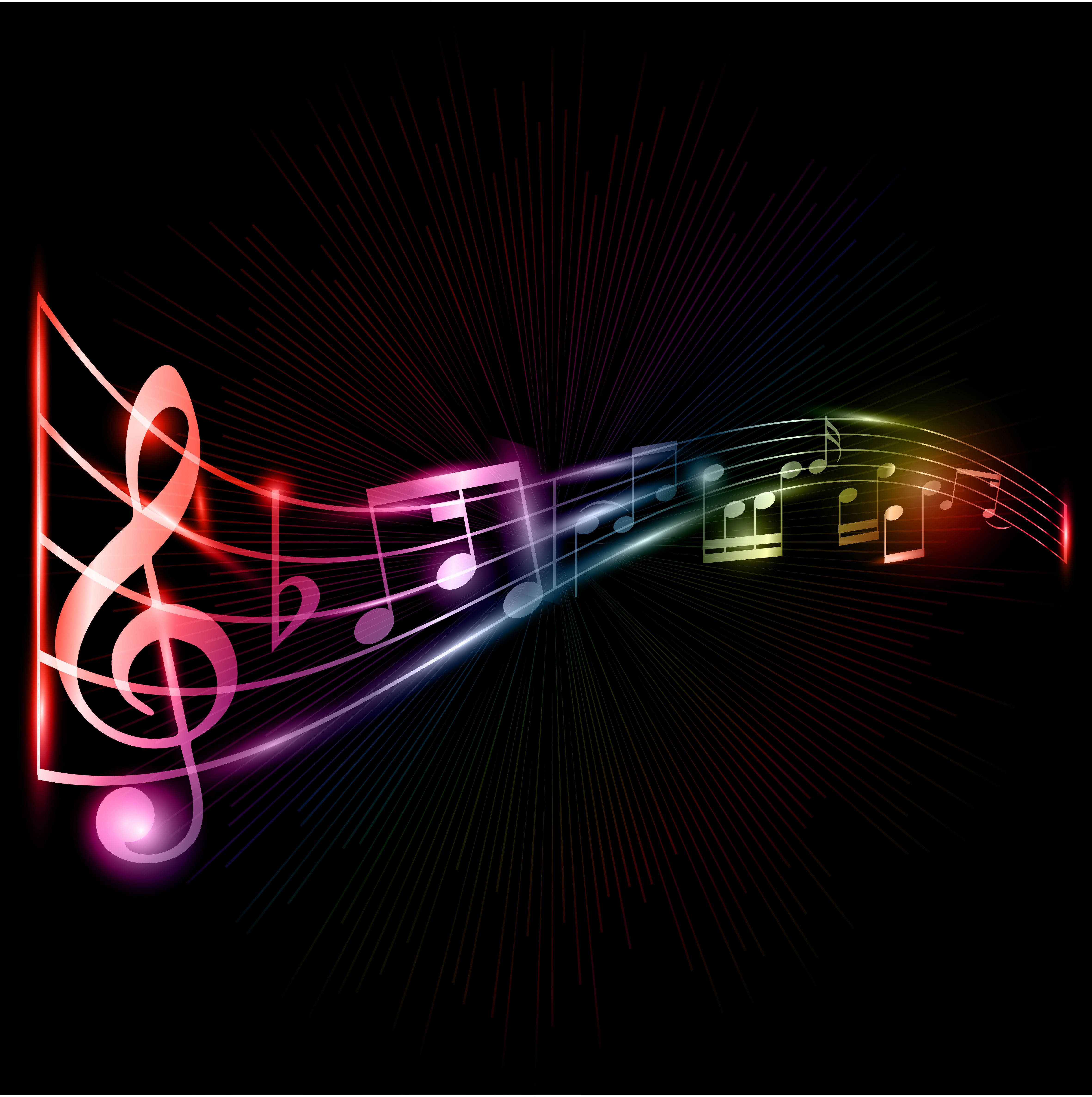 音樂 桌布 壁紙 — 發光的音符和高音譜號在黑色背景上以燦爛的彩虹漸變劃過。