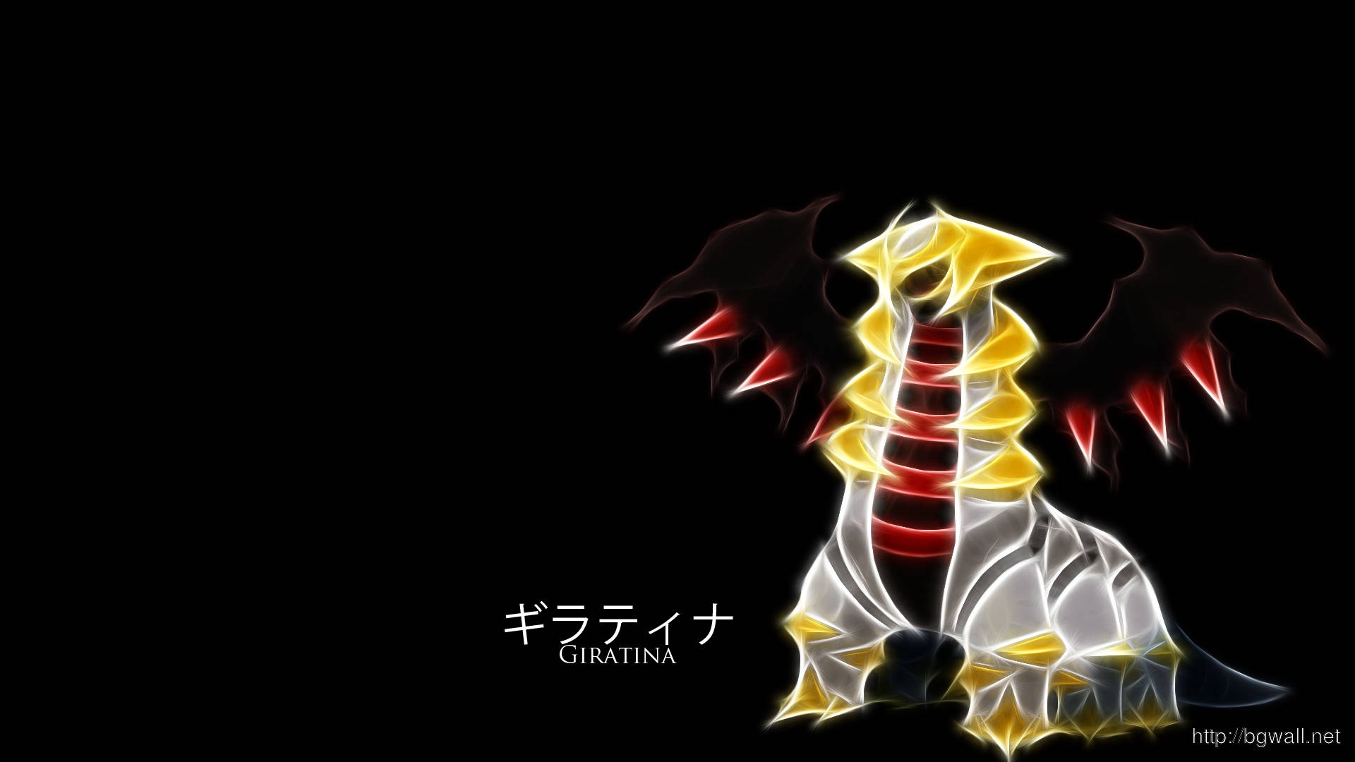 Giratina 桌布 壁紙 — 發光的風格化騎拉帝納，帶有黃色、紅色和白色的幾何圖案，站在黑色背景前。