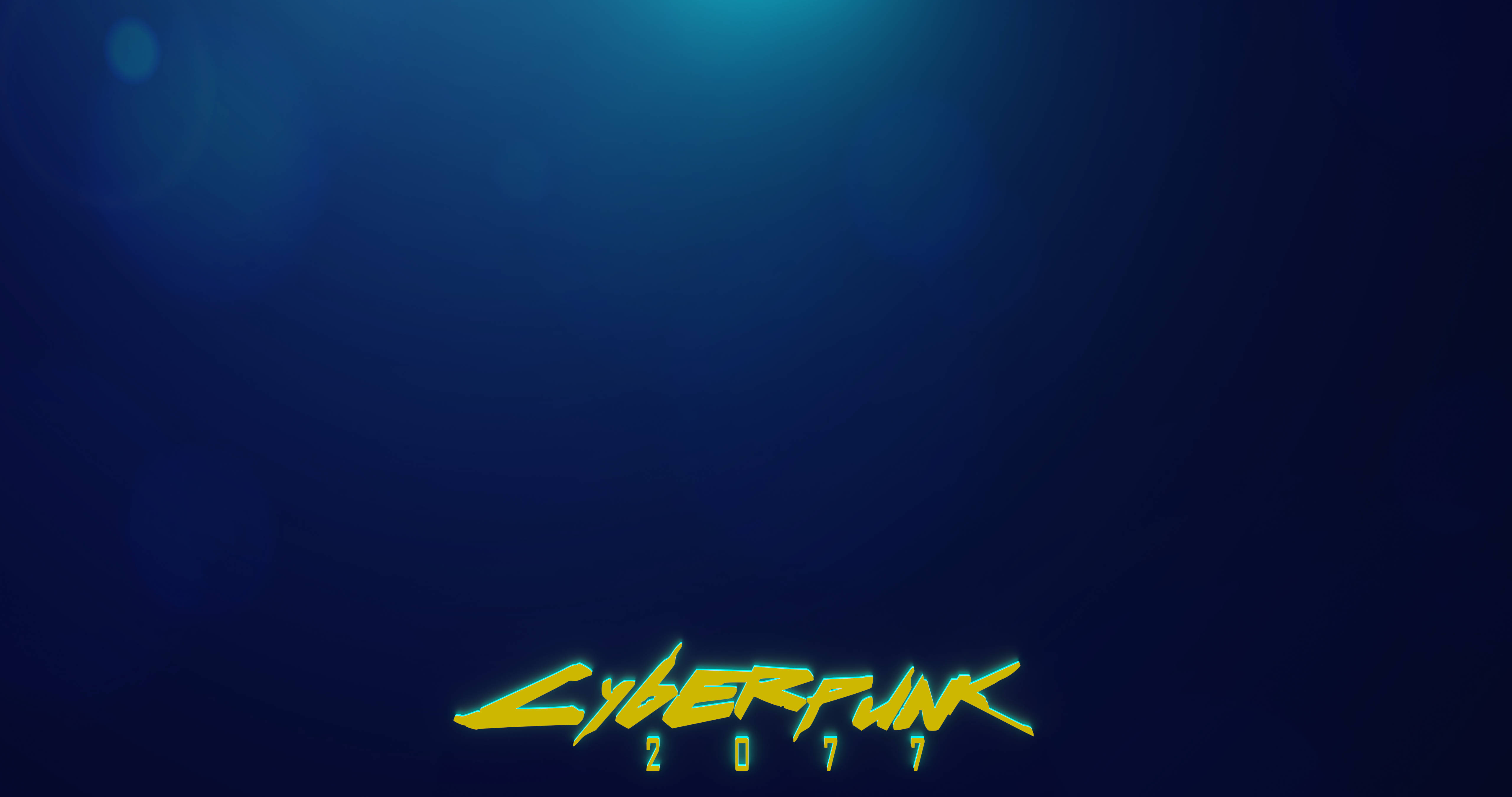 Cyberpunk Desktop 桌布 壁紙 — 發光的黃色 Cyberpunk 2077 標誌在帶有鏡頭光暈的深藍色漸變背景上閃耀。
