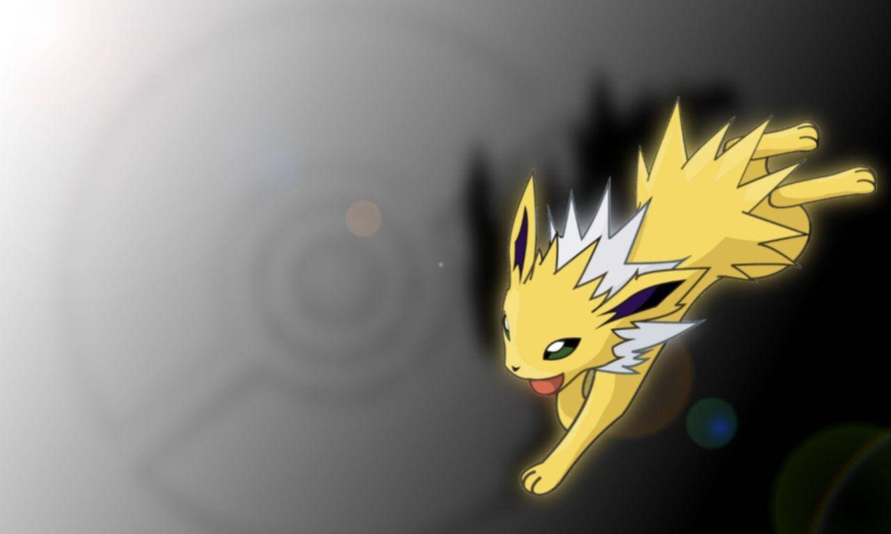 精靈球 桌布 壁紙 — 發光的黃色 Jolteon 在帶有微妙散景燈光的深色漸變背景上動態跳躍。